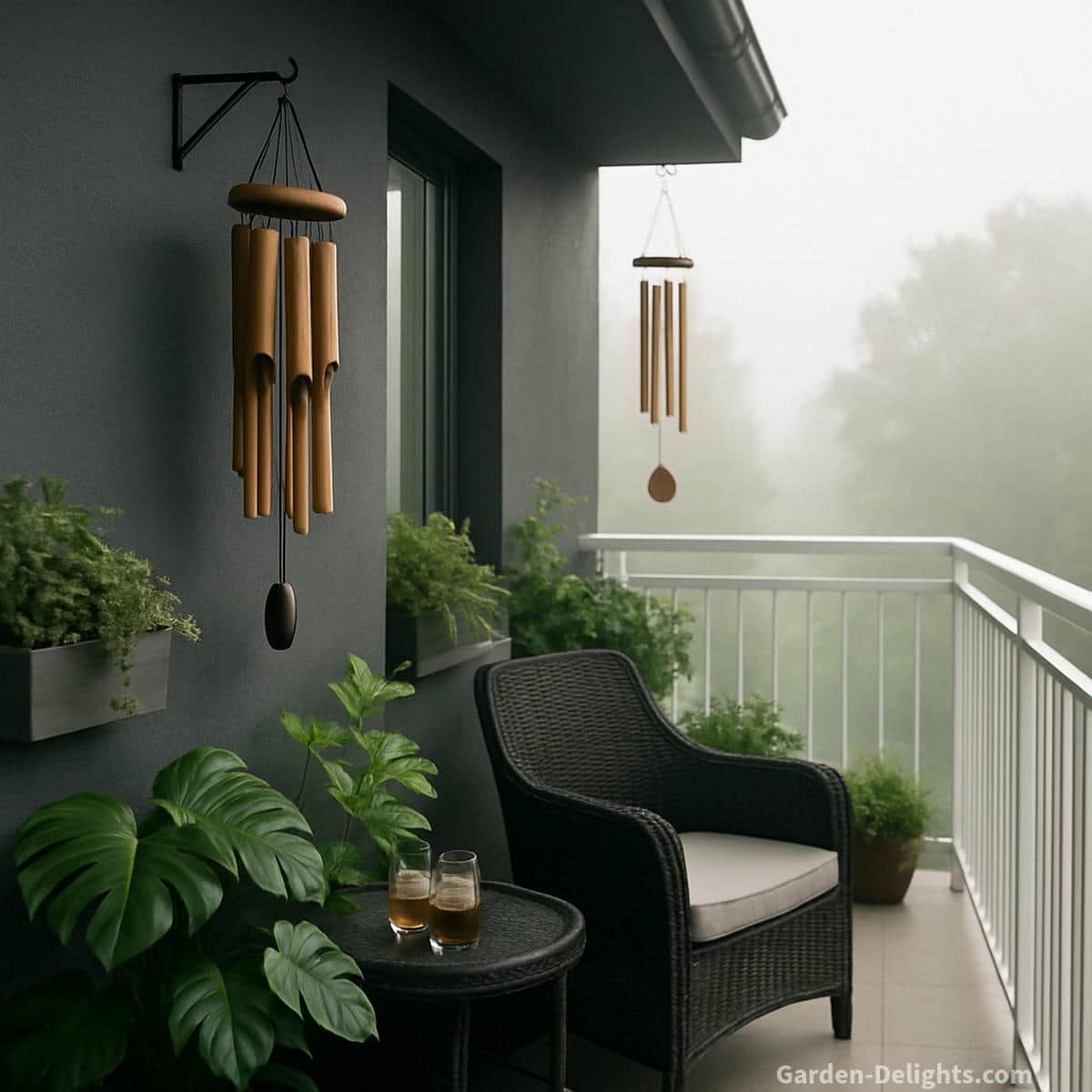 Balcony wind chimes hanging beside soft morning plants on a charcoal balcony where gentle airflow moves bamboo and bronze chimes with calm tone emotional grounding and peaceful small space energy