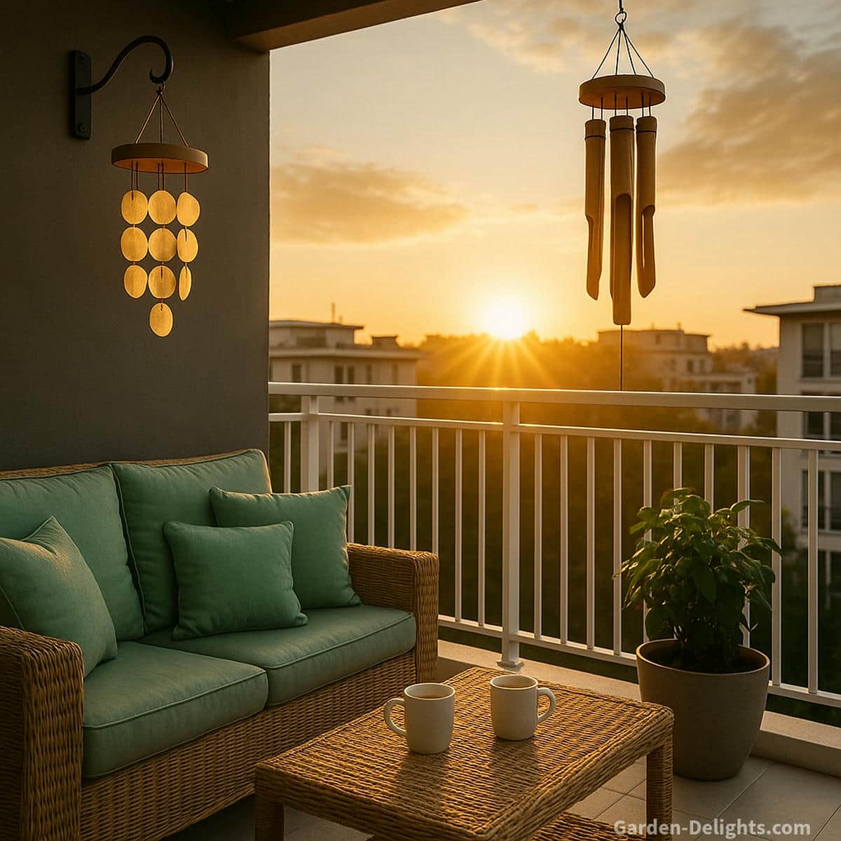 bamboo and capiz balcony chimes in sunrise light with gentle airflow and soft warm tone