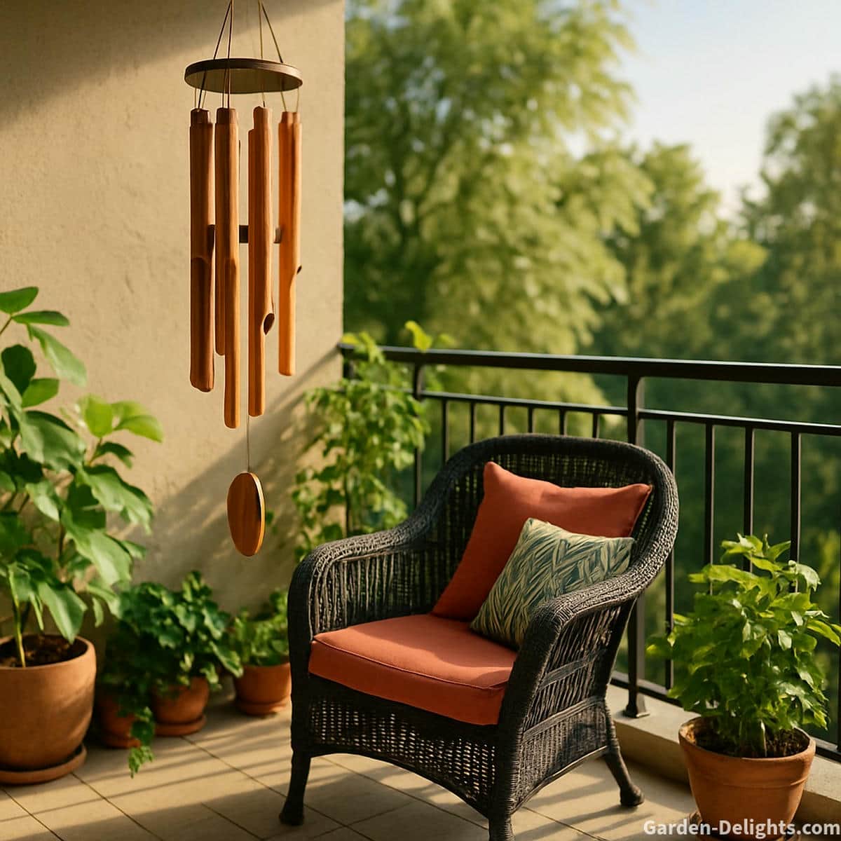 Bamboo balcony wind chimes creating warm grounding rhythm soft airflow motion and natural wood element harmony on a small apartment balcony with plants gentle sunlight and peaceful outdoor energy