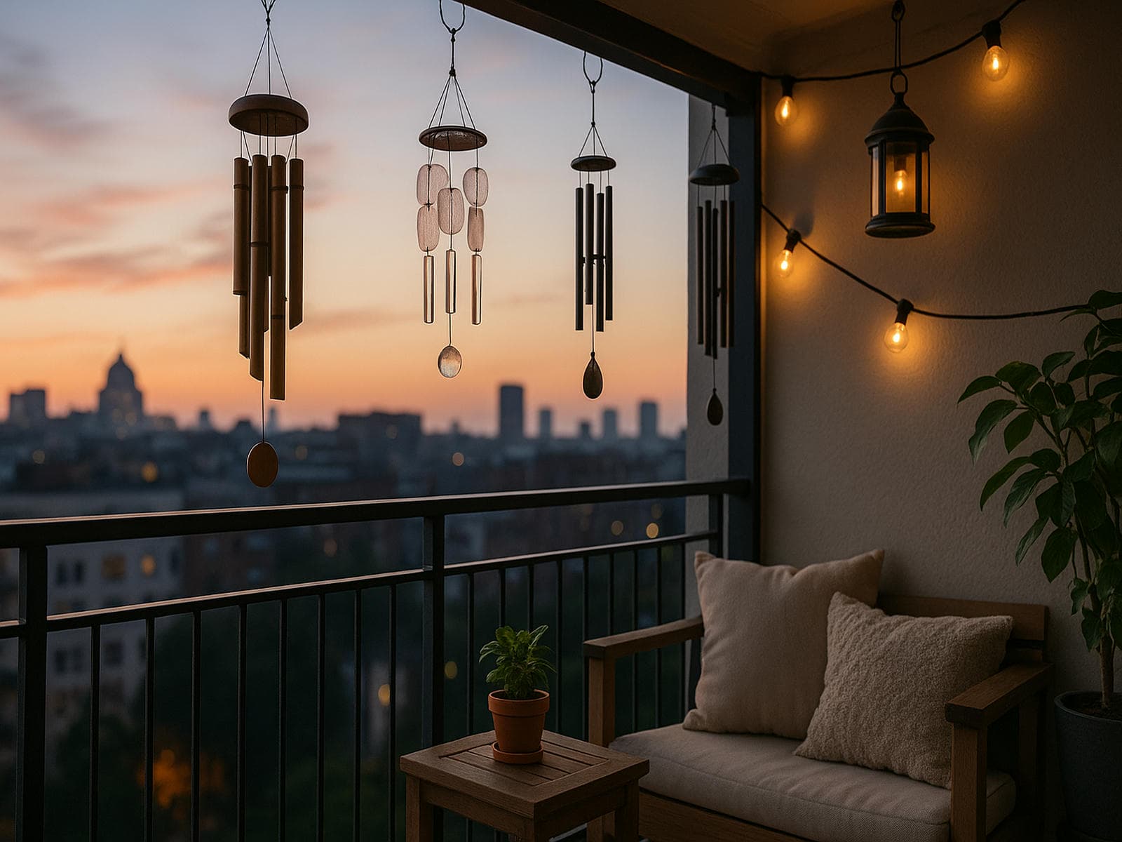 Best wind chimes for balconies and small spaces — quiet bamboo, metal, and glass wind chimes hanging in a stylish urban balcony setting with compact decor, soft lighting, and Feng Shui harmony. Ideal quiet wind chimes for apartments, patios, and renters.