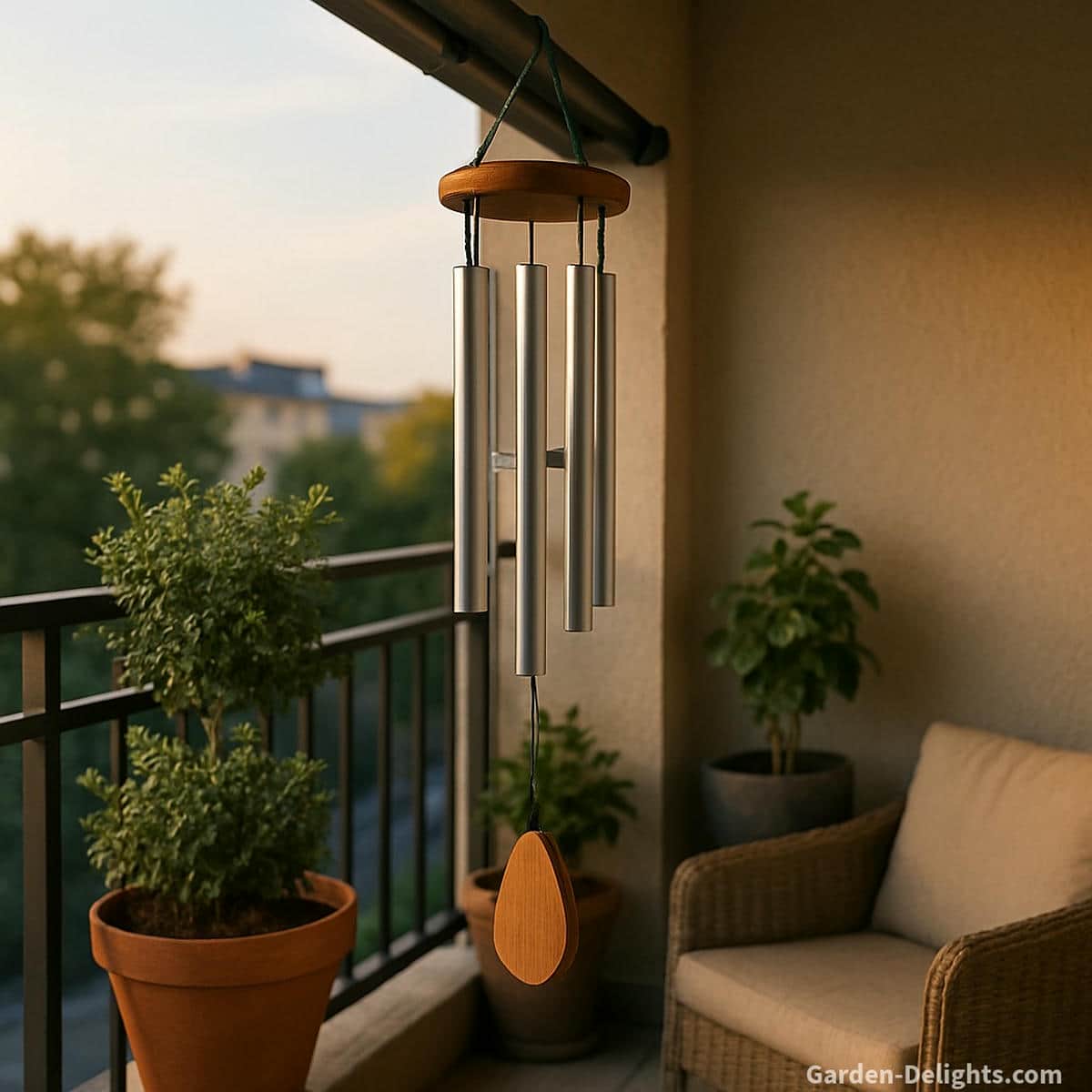 Lightweight balcony wind chimes hanging from renter safe no drill hooks on an apartment railing with soft airflow motion and gentle calming tone for compact outdoor living