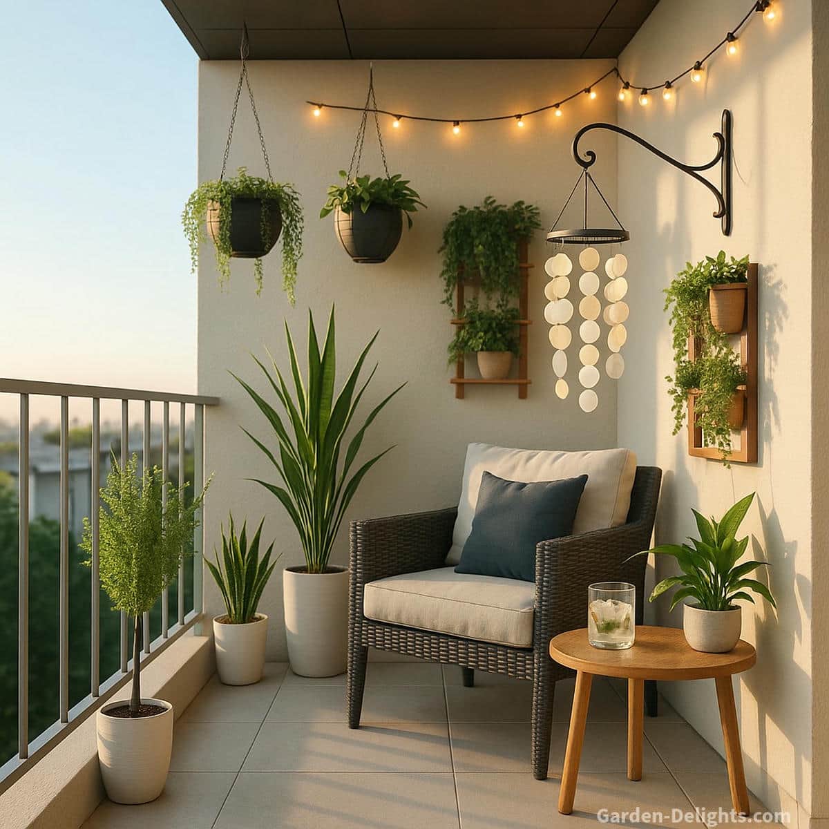 Modern cozy balcony decorated with capiz wind chimes soft morning light layered greenery and clean minimalist seating where airflow shapes gentle tone for a peaceful apartment retreat
