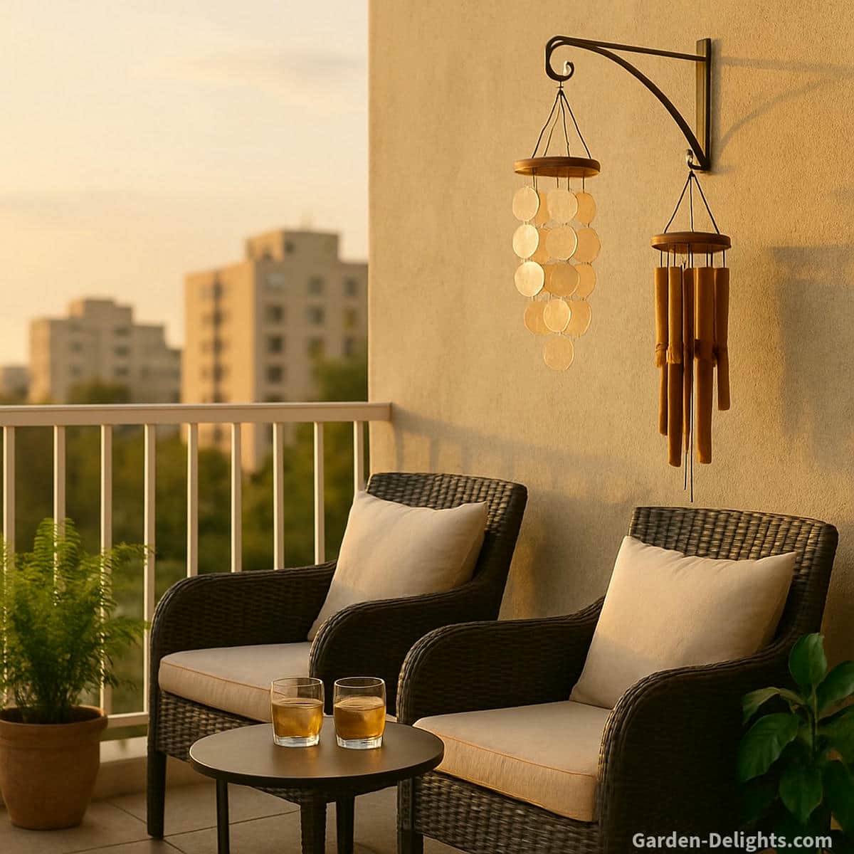 quiet balcony with bamboo and capiz wind chimes on a stable vibration reduced mount beside two wicker chairs and a table with drinks creating soft airflow sound and peaceful neighbor friendly shared apartment ambience