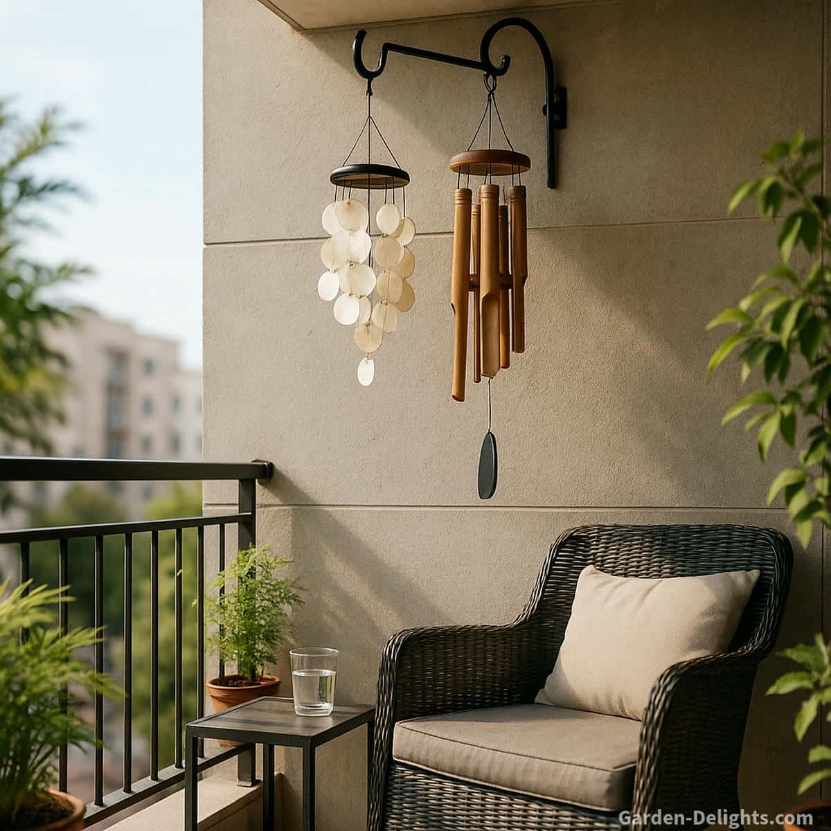 quiet apartment balcony wind chimes placed in a far corner away from the shared wall with bamboo and capiz designs that soften city noise and support gentle airflow resonance in compact shared living