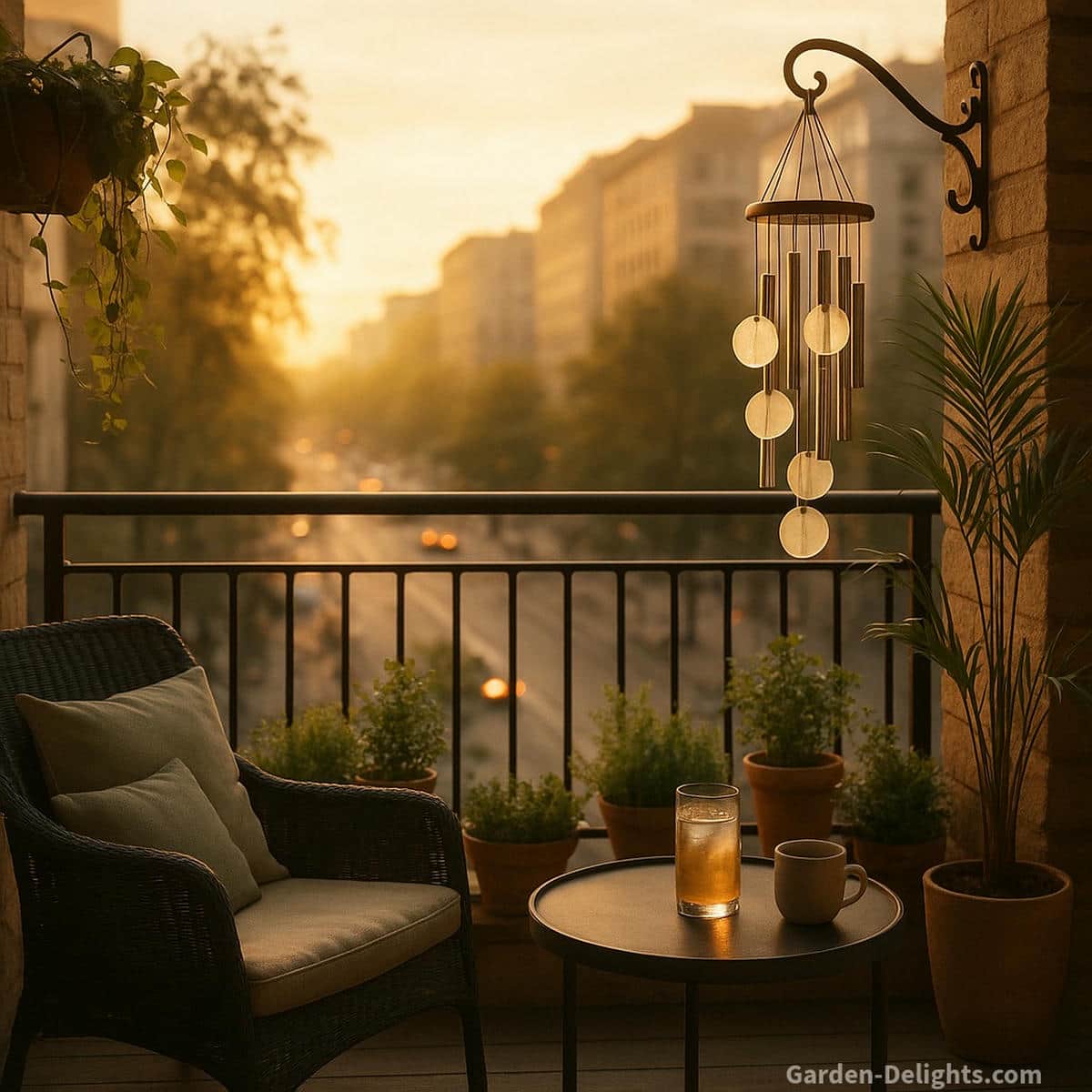 quiet balcony wind chimes with frosted glass discs and short aluminum tubes glowing in warm golden hour light on a calm urban apartment balcony