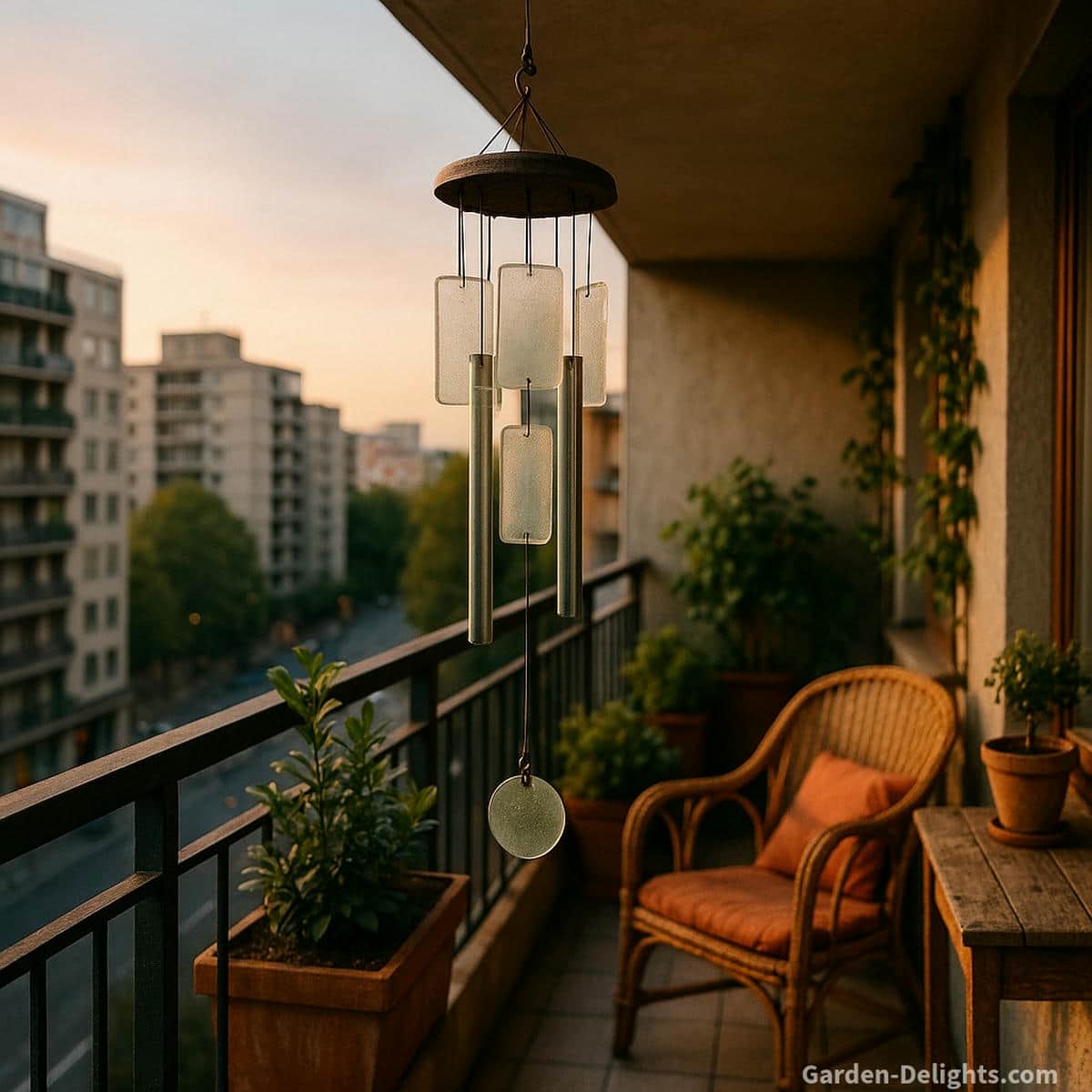 quiet wind chimes on an urban apartment balcony made with frosted glass and short aluminum that soften city noise and create calm gentle sound in a compact shared outdoor space