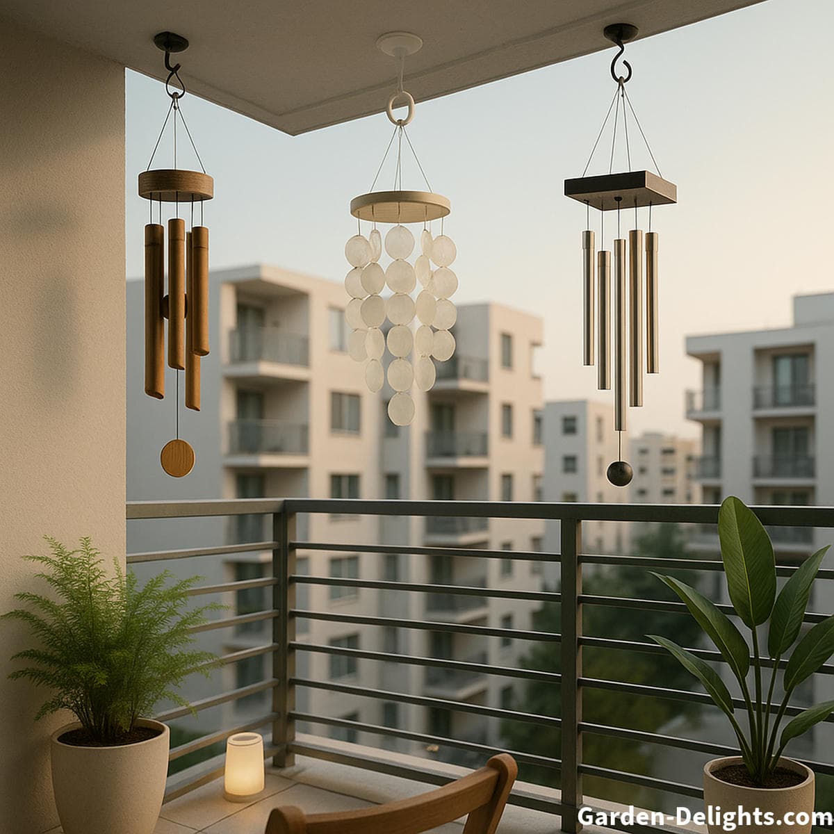 Quiet wind chimes for apartment balconies made from bamboo capiz shell and soft tone metal hanging in gentle airflow with a calm compact outdoor layout