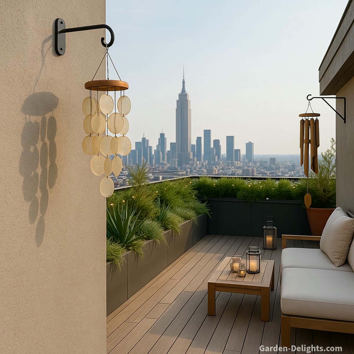 Capiz and bamboo balcony wind chimes hanging from rooftop wall hooks in soft daylight airflow overlooking a bright city skyline with modern seating and calm small space rooftop ambience