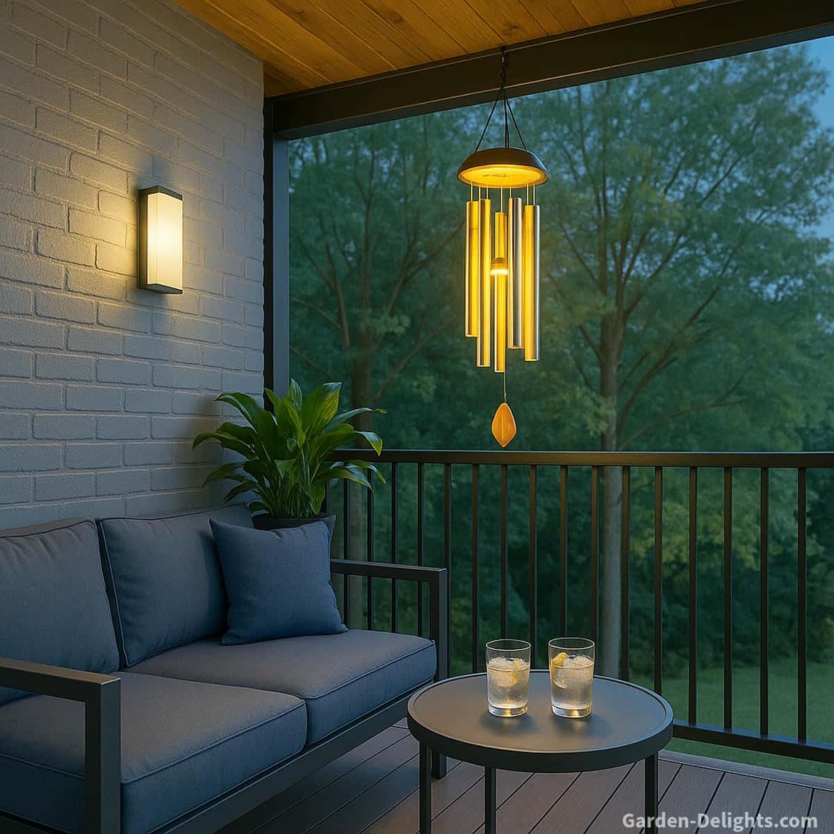 Solar balcony wind chimes glowing at night with warm LED light creating peaceful soft tone airflow guided motion and relaxing ambience for apartments condos and high rise outdoor spaces