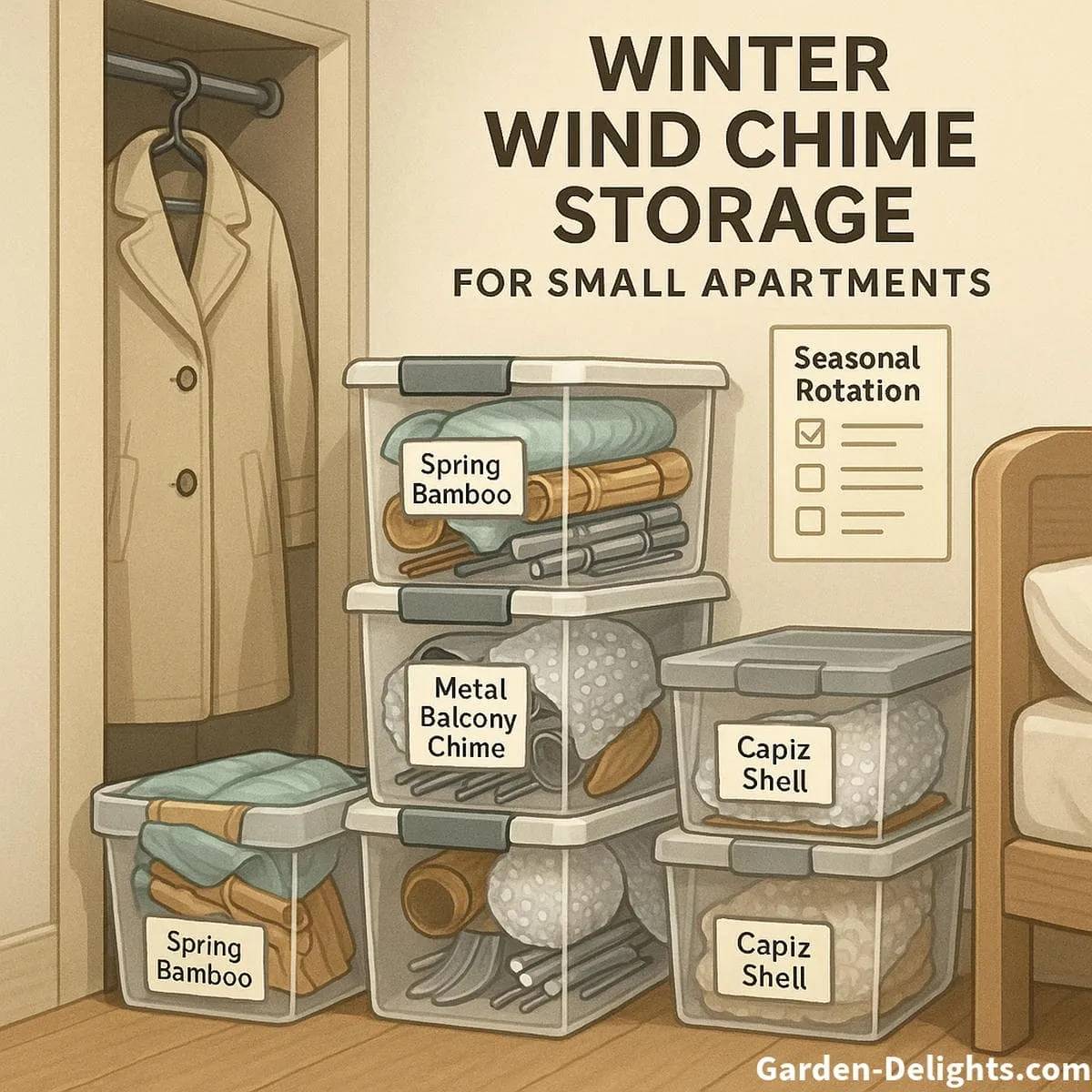 How to store balcony wind chimes for winter with compact bins, cloth wrapping, and rust protection in small apartment spaces