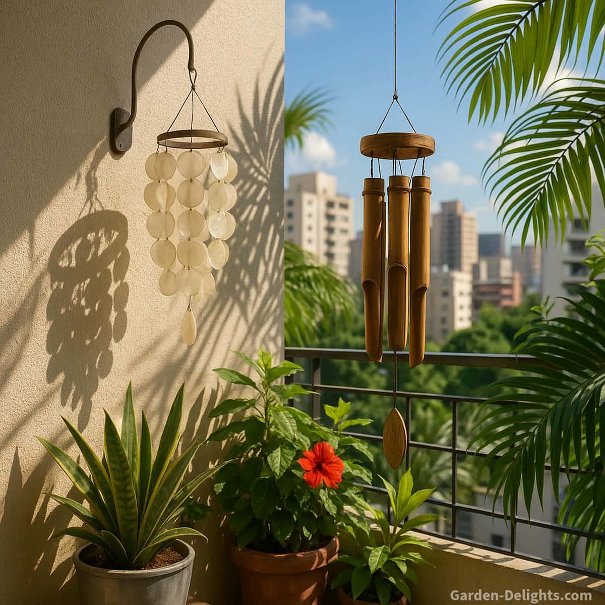 Capiz and bamboo balcony wind chimes glowing in bright tropical light with airy reflective shimmer gentle airflow motion and peaceful sound harmony in a small urban garden balcony