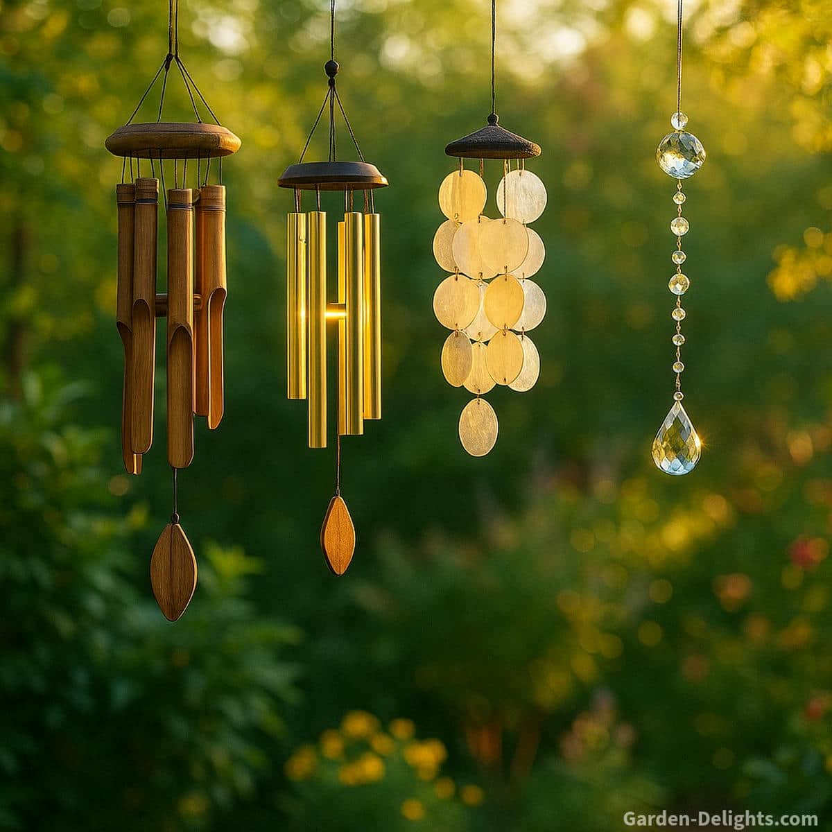 Balcony wind chimes of bamboo, aluminum, capiz and crystal glowing in garden light symbolizing calming airflow guided tone, gentle small space rhythm and emotional harmony for apartments and tiny outdoor patios