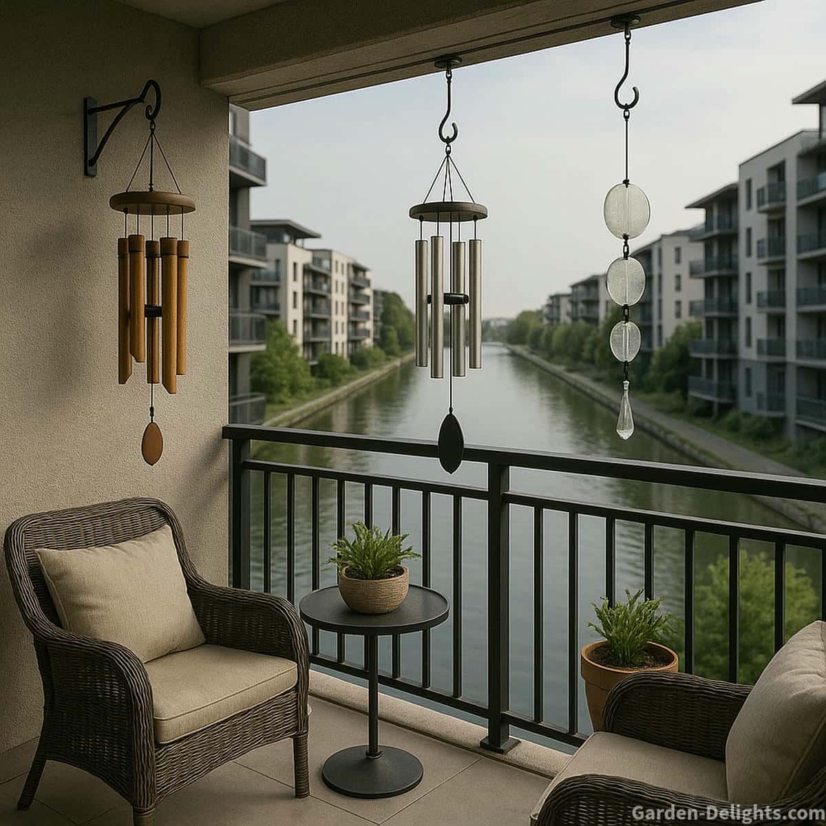 quiet balcony wind chimes overlooking river with soft airflow gentle tone and peaceful small space apartment comfort