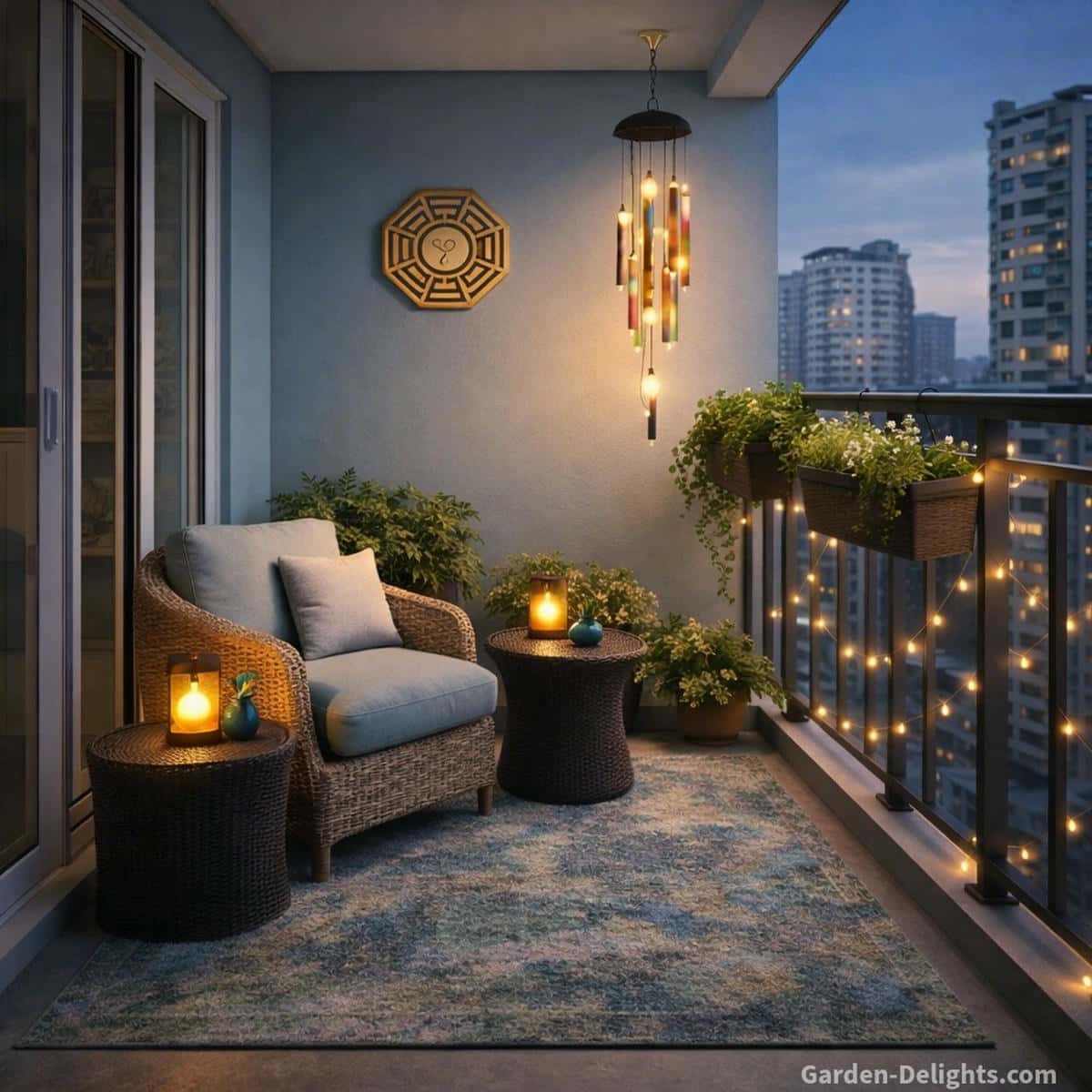 cozy apartment balcony retreat at dusk with solar LED wind chime glowing above wicker chair and table while railing planter boxes and string lights create peaceful feng shui energy gentle wind chime sound and relaxing apartment balcony decor atmosphere