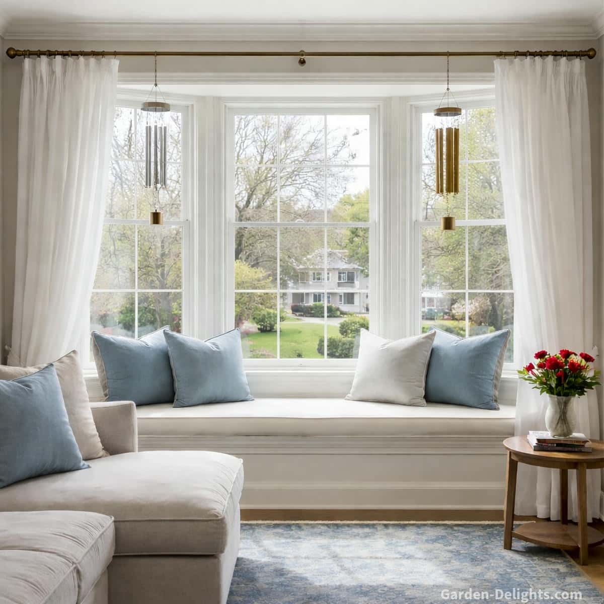 bright living room bay window with sheer curtains and soft blue grey pillows featuring small lightweight bamboo and aluminum wind chimes hanging from a curtain rod creating gentle airflow sound and calm apartment feng shui decor