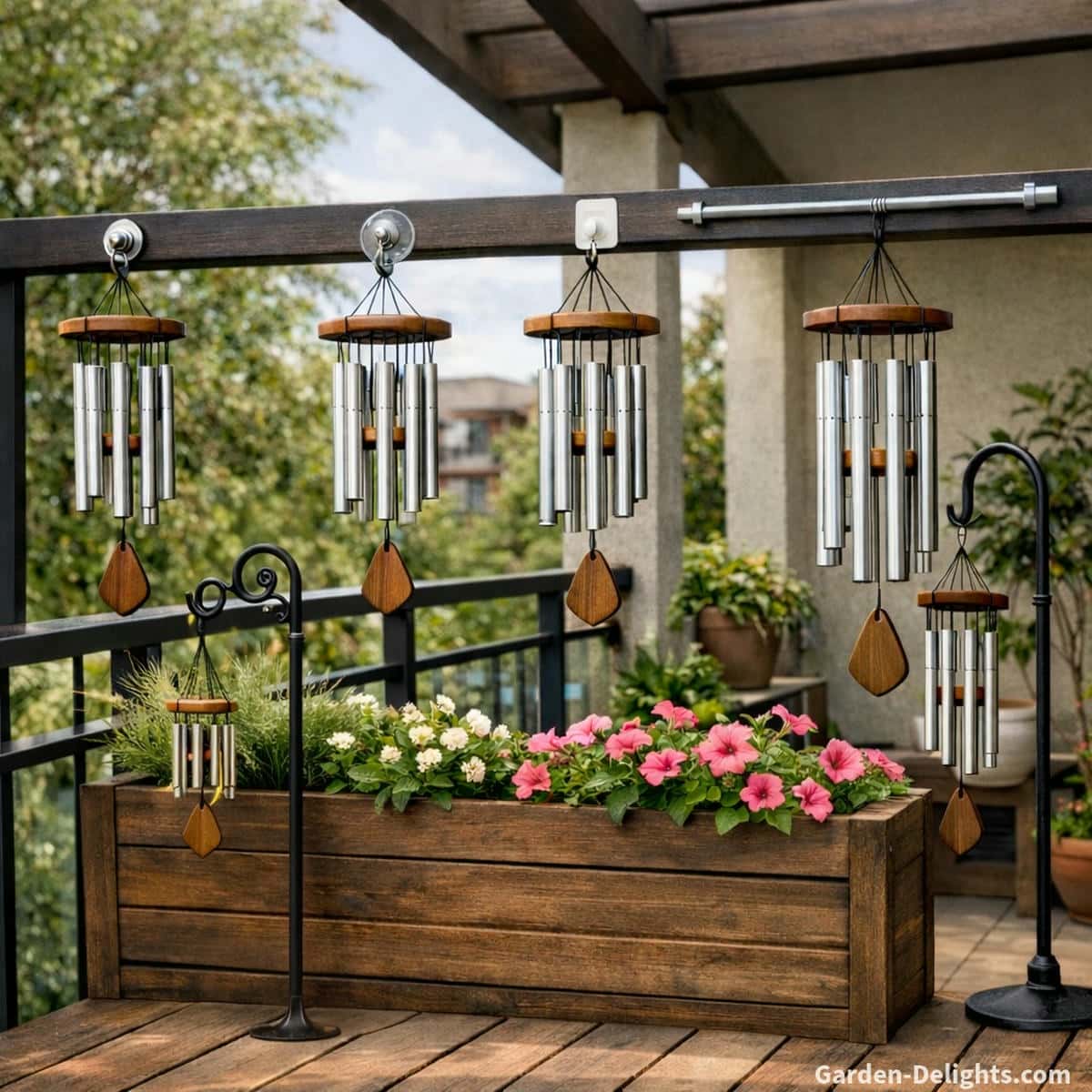 lightweight wind chimes mounted with magnetic hooks suction mounts adhesive clips tension rods and a small shepherd hook in a flower planter showing renter safe no drill wind chime mounting options for apartment balconies and garden spaces