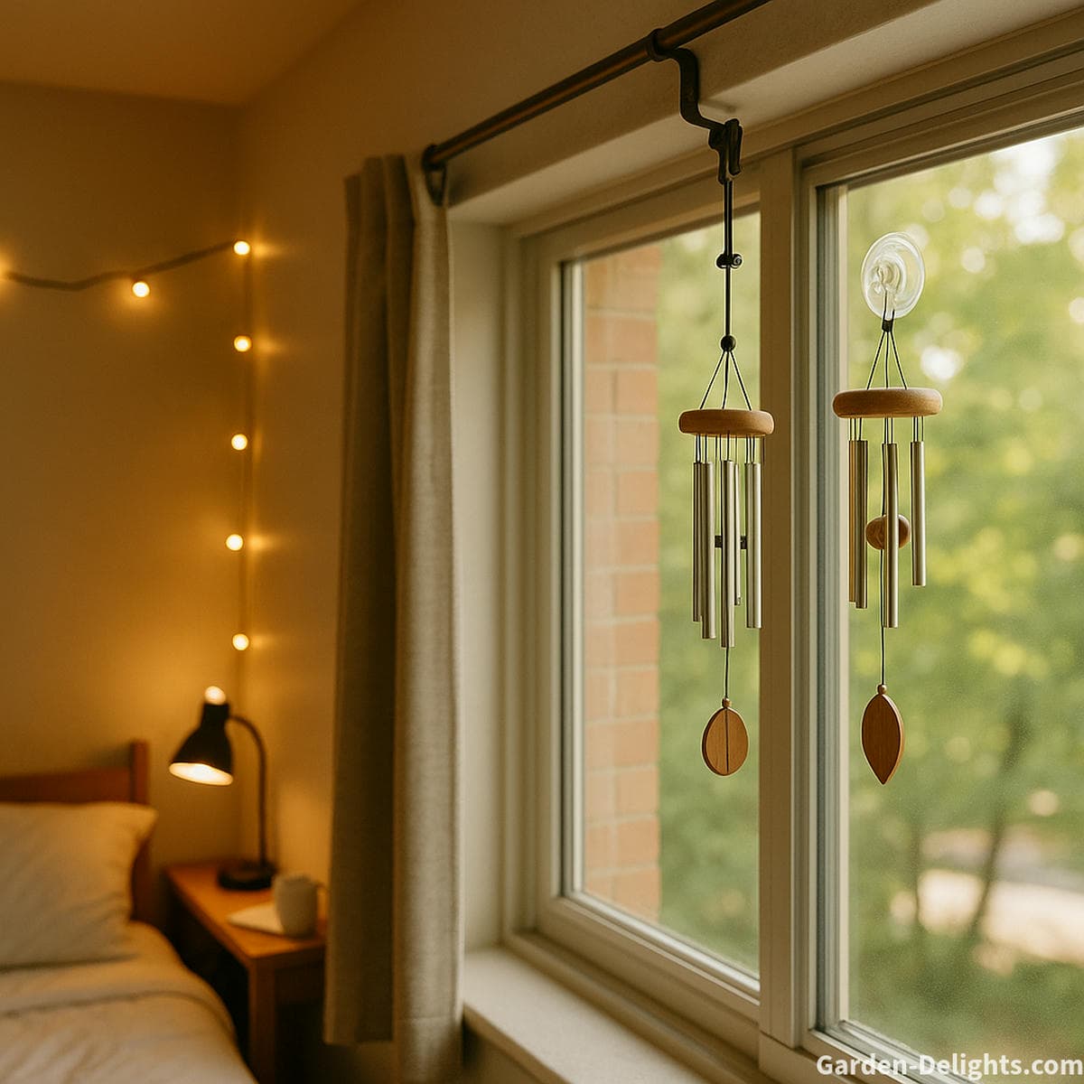 mini lightweight no drill wind chimes hanging in a cozy college dorm room from a suction hook and curtain rod clip creating gentle calming sound for student apartments shared rooms and small living spaces