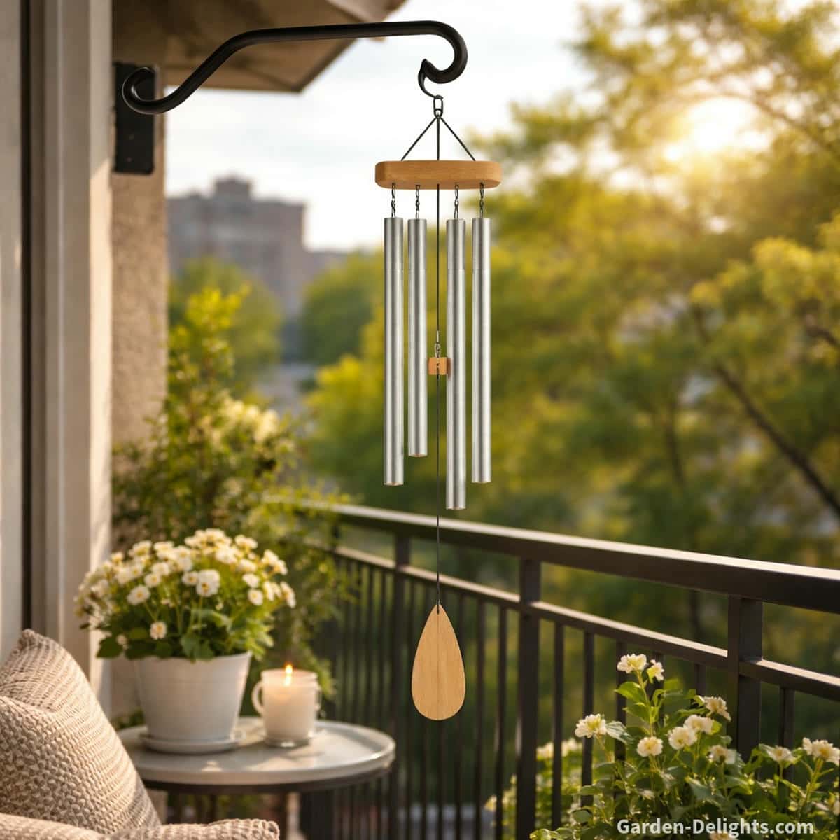 Lightweight no drill wind chime hanging from an apartment balcony rail with gentle airflow tone renter friendly placement and peaceful memorial style for small remembrance areas