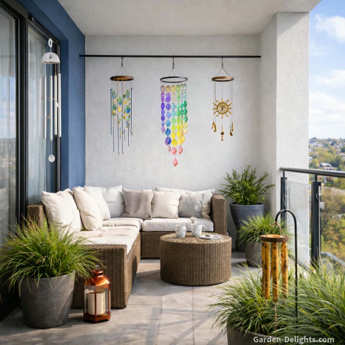 lightweight no drill wind chimes hanging from a wall to wall tension rod with acrylic capiz and aluminum chimes spaced safely from the wall plus a bamboo wind chime on a small shepherd hook in a planter and an aluminum wind chime mounted with suction hooks on a sunny renter friendly balcony