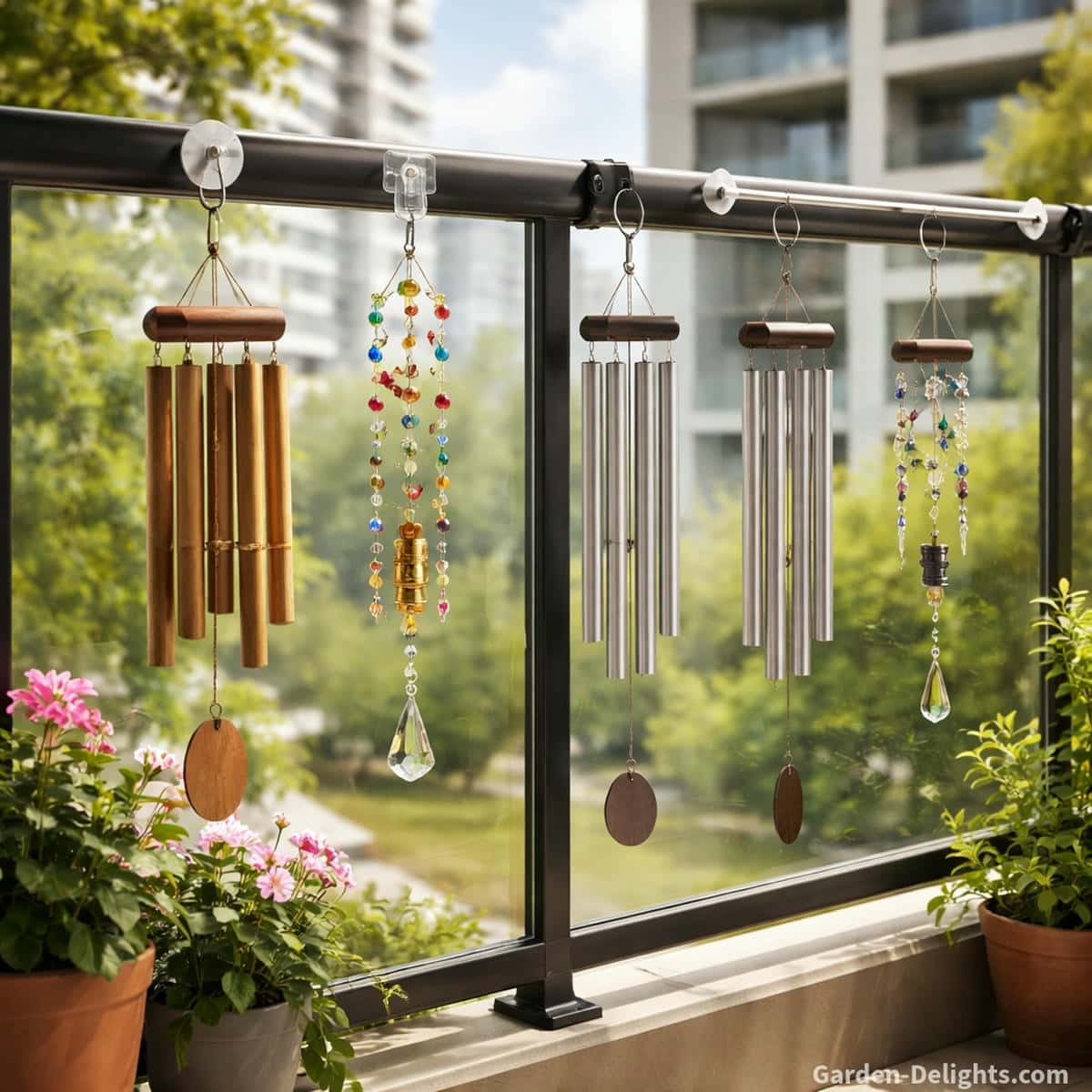 lightweight no drill wind chimes hanging from suction hooks adhesive clips magnetic mounts and a tension rod on an apartment balcony creating a peaceful gentle soundscape for renters using wind chimes for apartment balconies and small patios