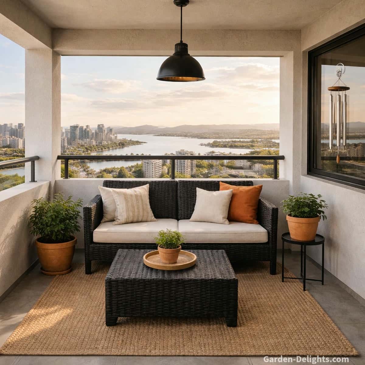 lightweight aluminum wind chimes hanging from a suction hook on a glass window of a modern apartment balcony with black wicker seating square table and peaceful city lake view creating calm sound for renters and small space living