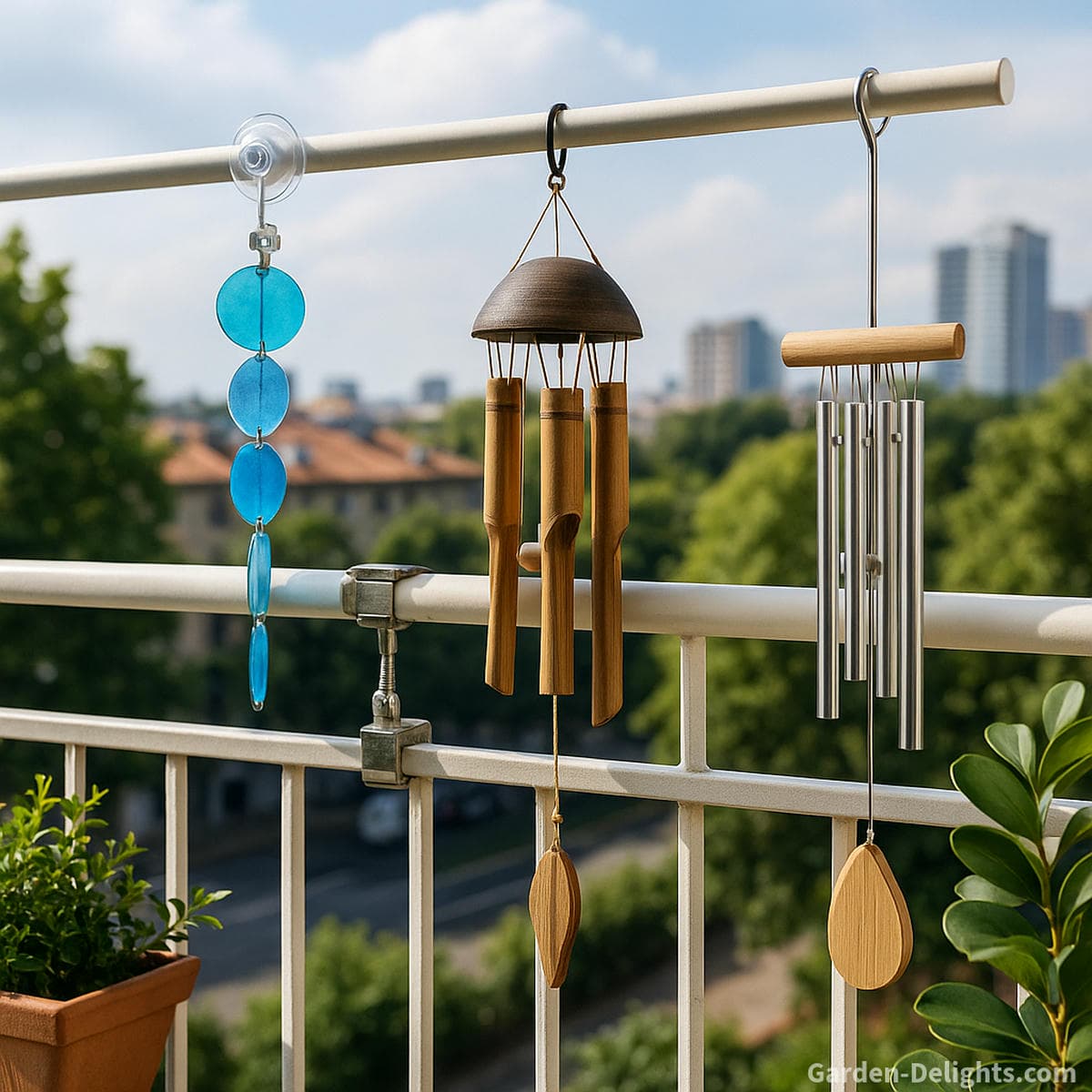 lightweight wind chimes mounted with tension rods and clips creating soft balcony tone