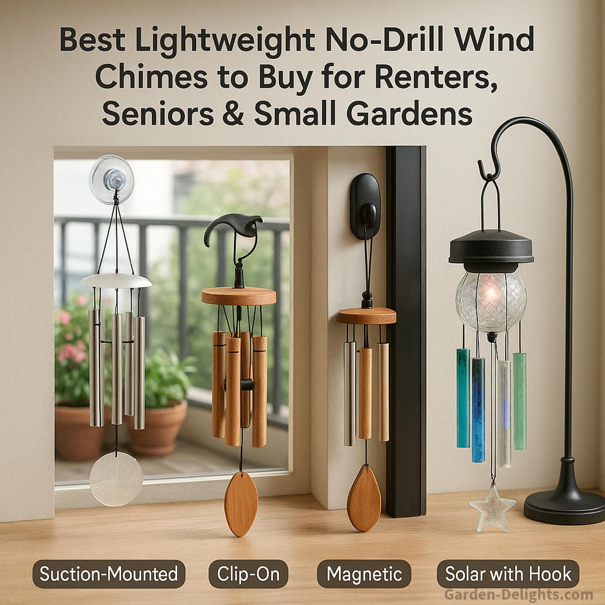lightweight no drill wind chimes using suction clips and magnetic mounts creating soft airflow tone for apartments and patios