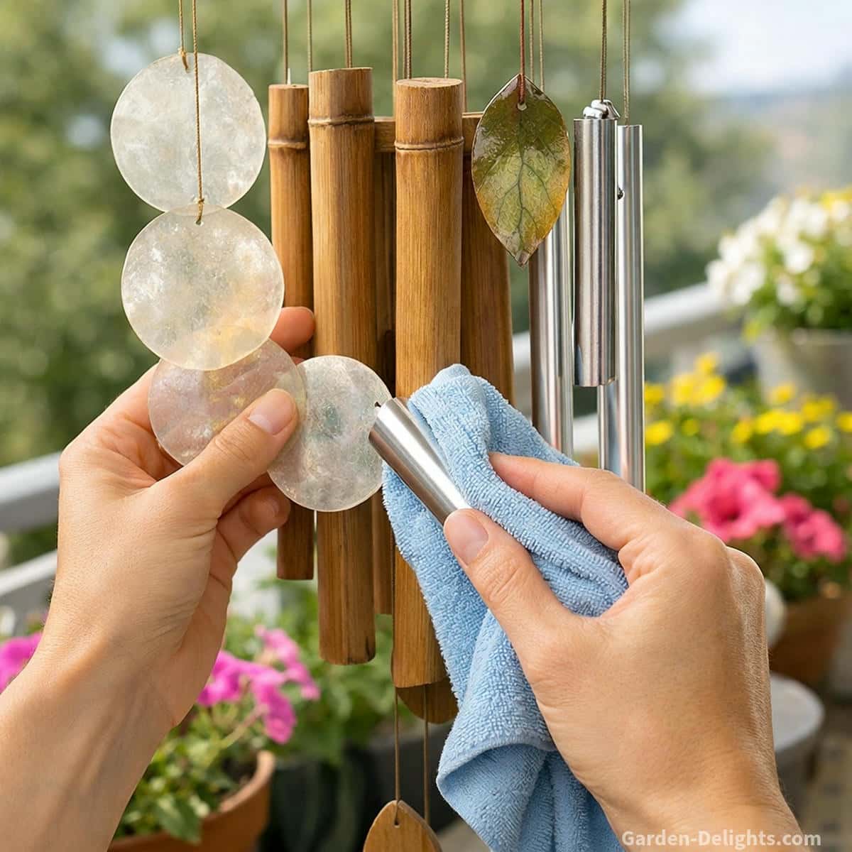 person gently cleaning lightweight wind chimes made from capiz shell bamboo resin and aluminum using a microfiber cloth on a sunny balcony garden space showing proper wind chime cleaning and material care for no drill wind chimes