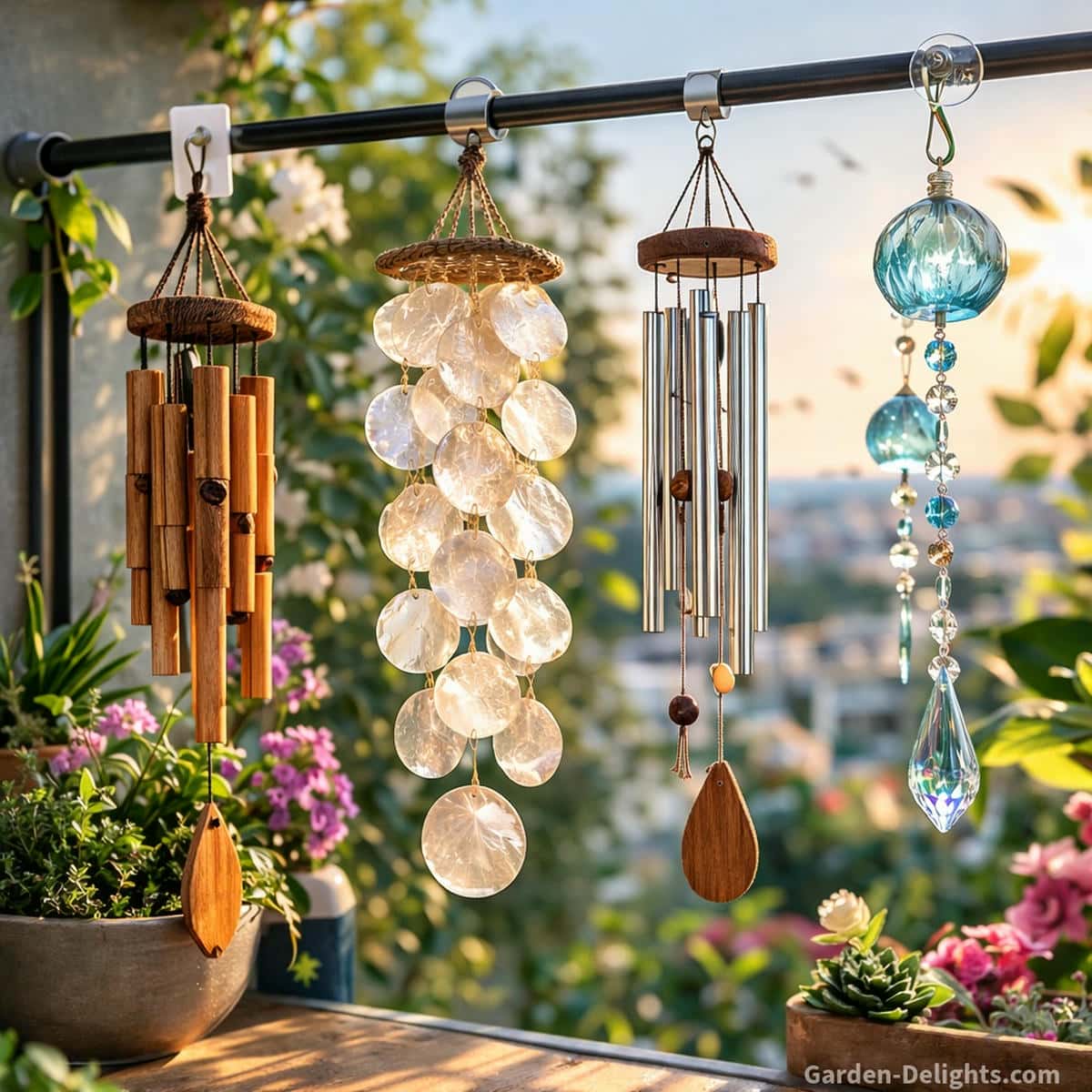 lightweight wind chime materials bamboo capiz aluminum and glass reacting to airflow with varied tone response