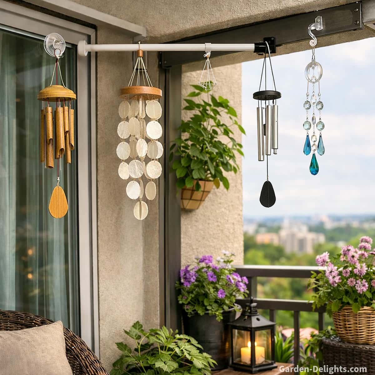 lightweight bamboo capiz shell aluminum and glass wind chimes installed around an apartment window and patio corner using suction hooks adhesive mounts magnetic hangers and a compact tension rod creating peaceful breeze movement gentle tone response and calming balcony garden atmosphere