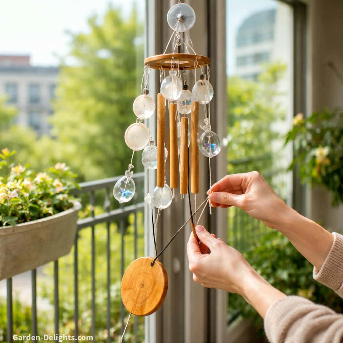 lightweight no drill wind chimes made from capiz shell bamboo resin and mini aluminum hanging from suction hook on apartment balcony while person adjusts cords and wind catcher to fix chime tangling airflow blockage and sound problems