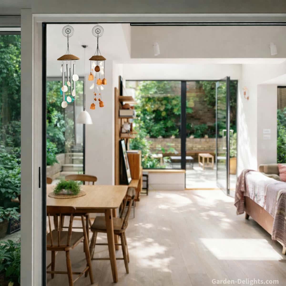 small lightweight bamboo capiz shell and mini aluminum wind chimes hanging from suction hooks beside a sliding glass door where indoor living space opens to a garden patio creating gentle airflow sound and peaceful balcony style relaxation nook