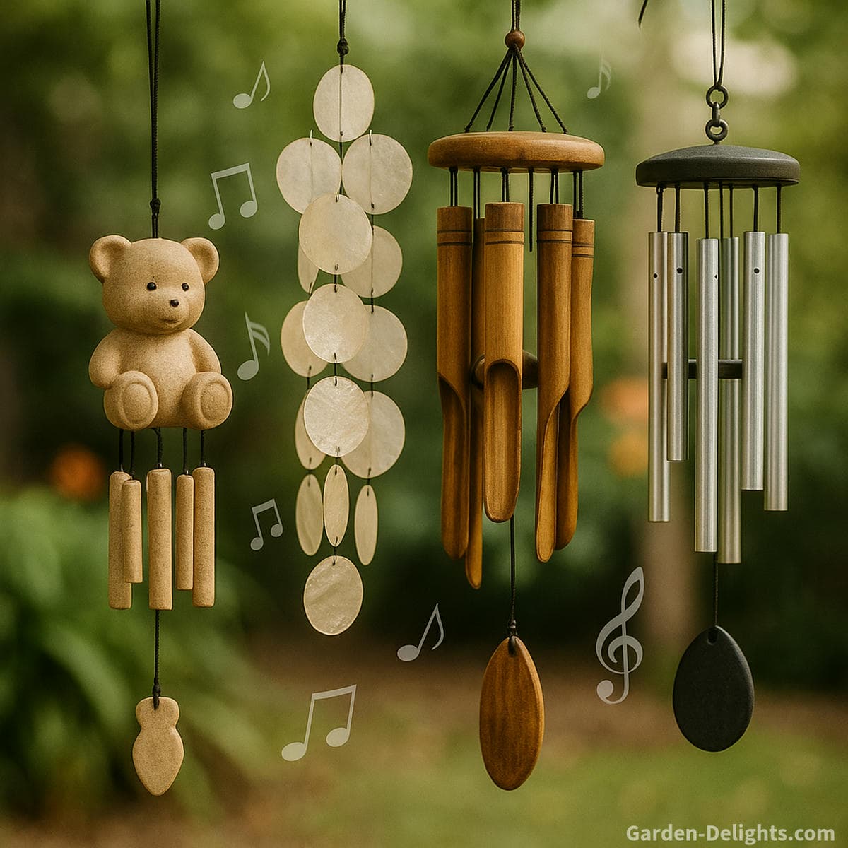 lightweight wind chimes sound quality comparison showing resin capiz shell bamboo and mini aluminum chimes producing soft soothing tones in a peaceful garden setting for balconies patios and meditation spaces