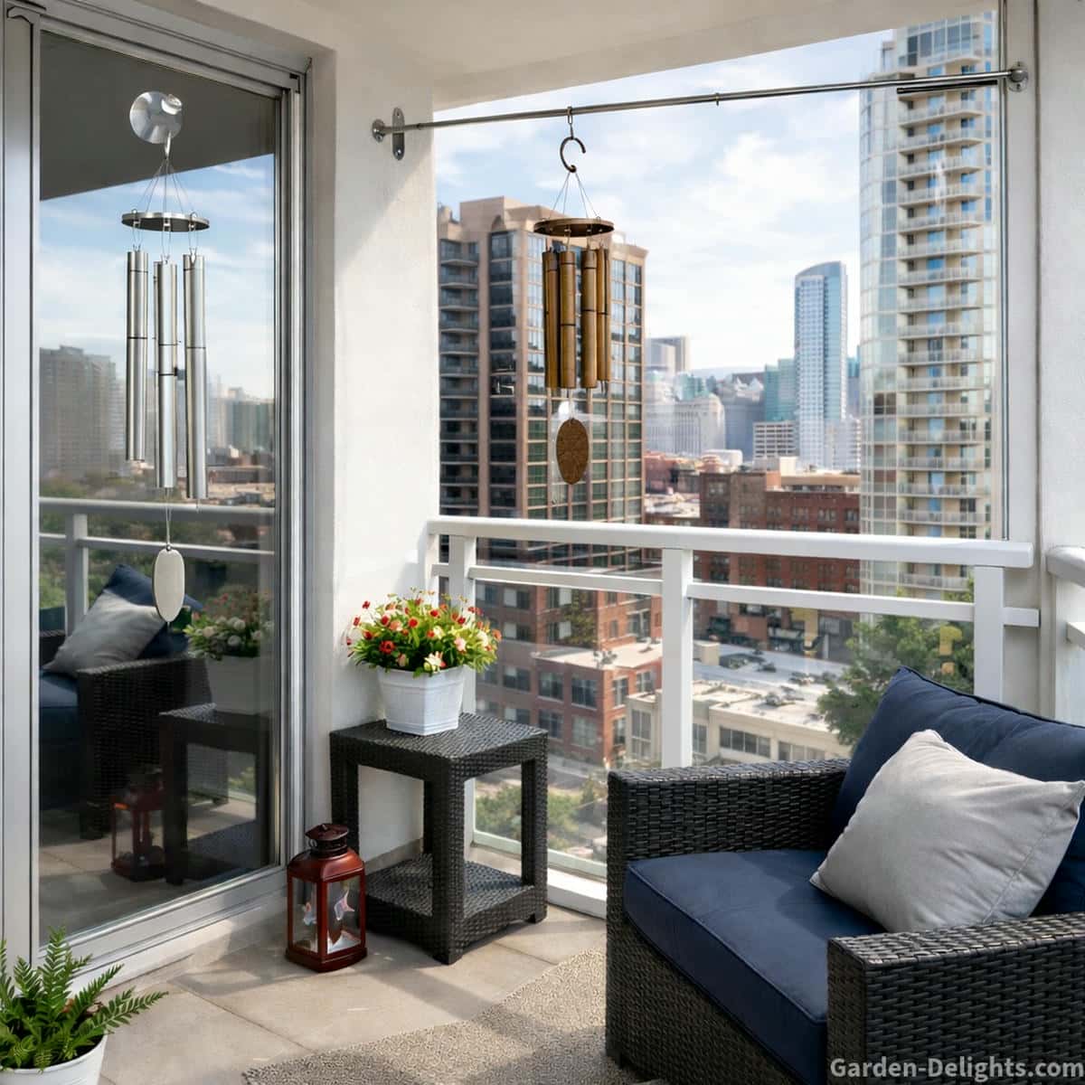 aluminum wind chime mounted with suction cup on sliding balcony door and bamboo wind chime hanging from tension rod on high rise apartment balcony with glass railing