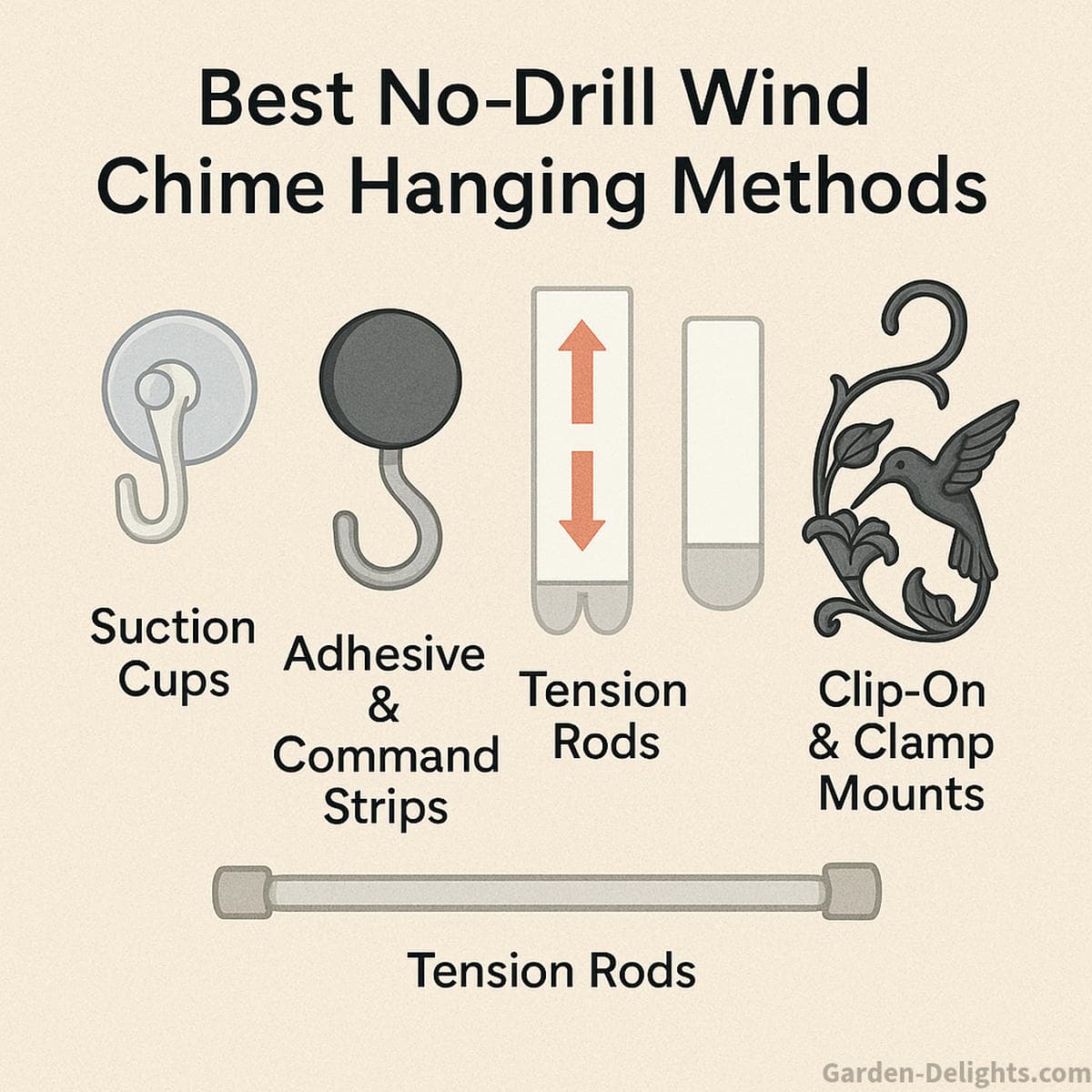 illustrated guide showing no drill wind chime hanging methods including suction cup hooks magnetic mounts adhesive strips tension rods clip on holders and balcony railing hooks helping renters hang wind chimes on apartment balconies glass railings windows and garden planters without tools