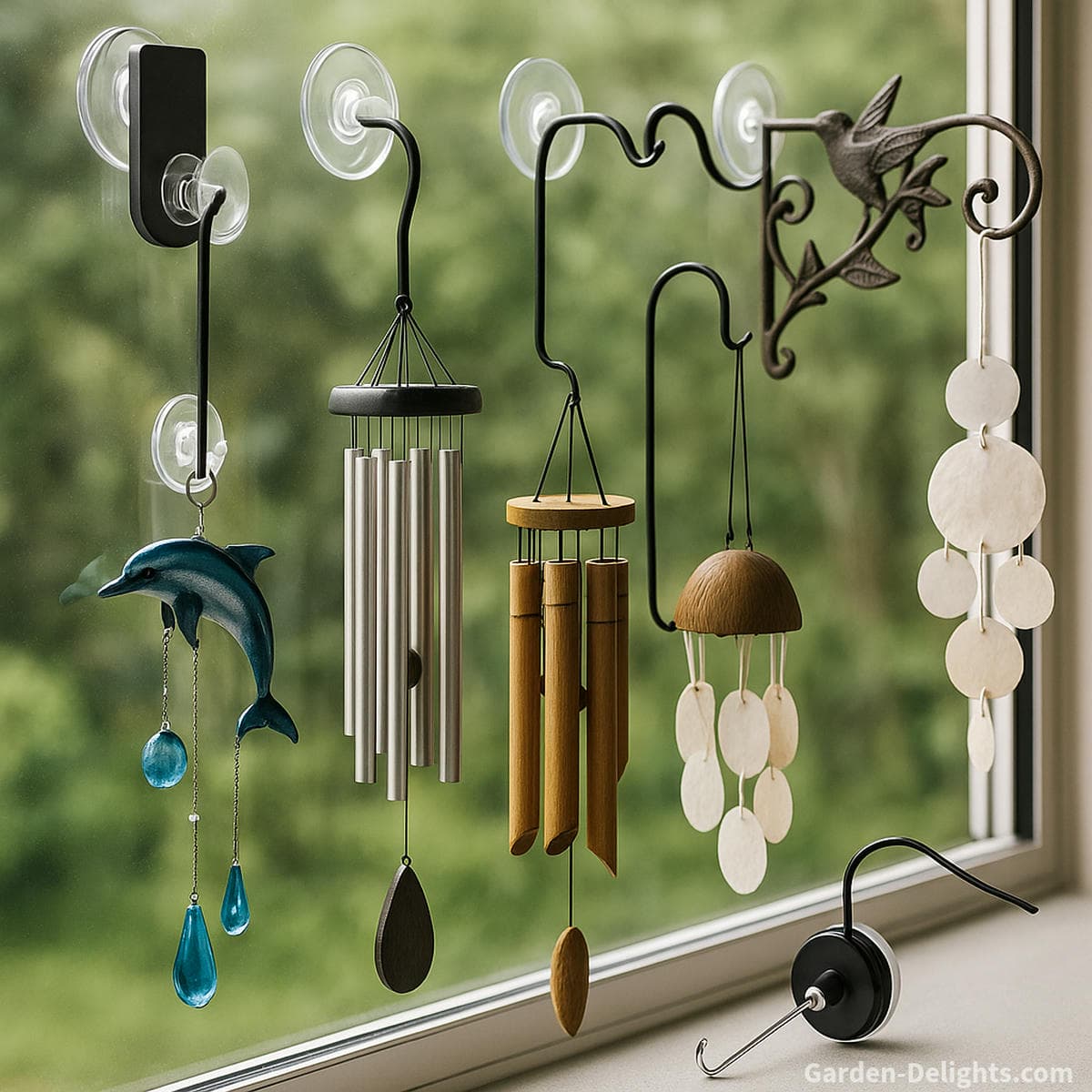 no drill wind chime mounting using suction clips and balcony mounts