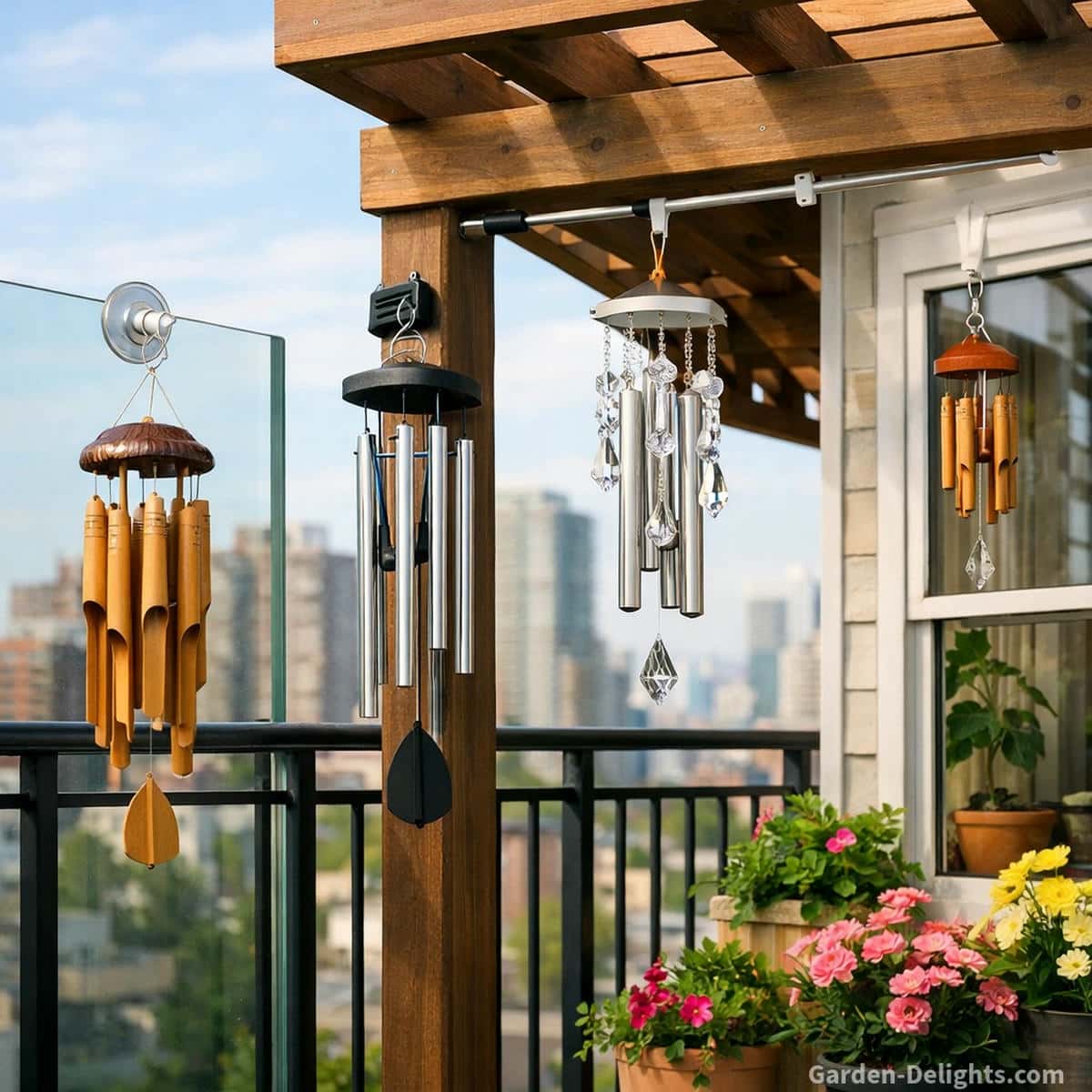 Lightweight no drill wind chimes hanging from balcony railings pergola beams and window frames using suction hooks magnetic mounts and tension rods creating gentle airflow movement and calming balcony sound