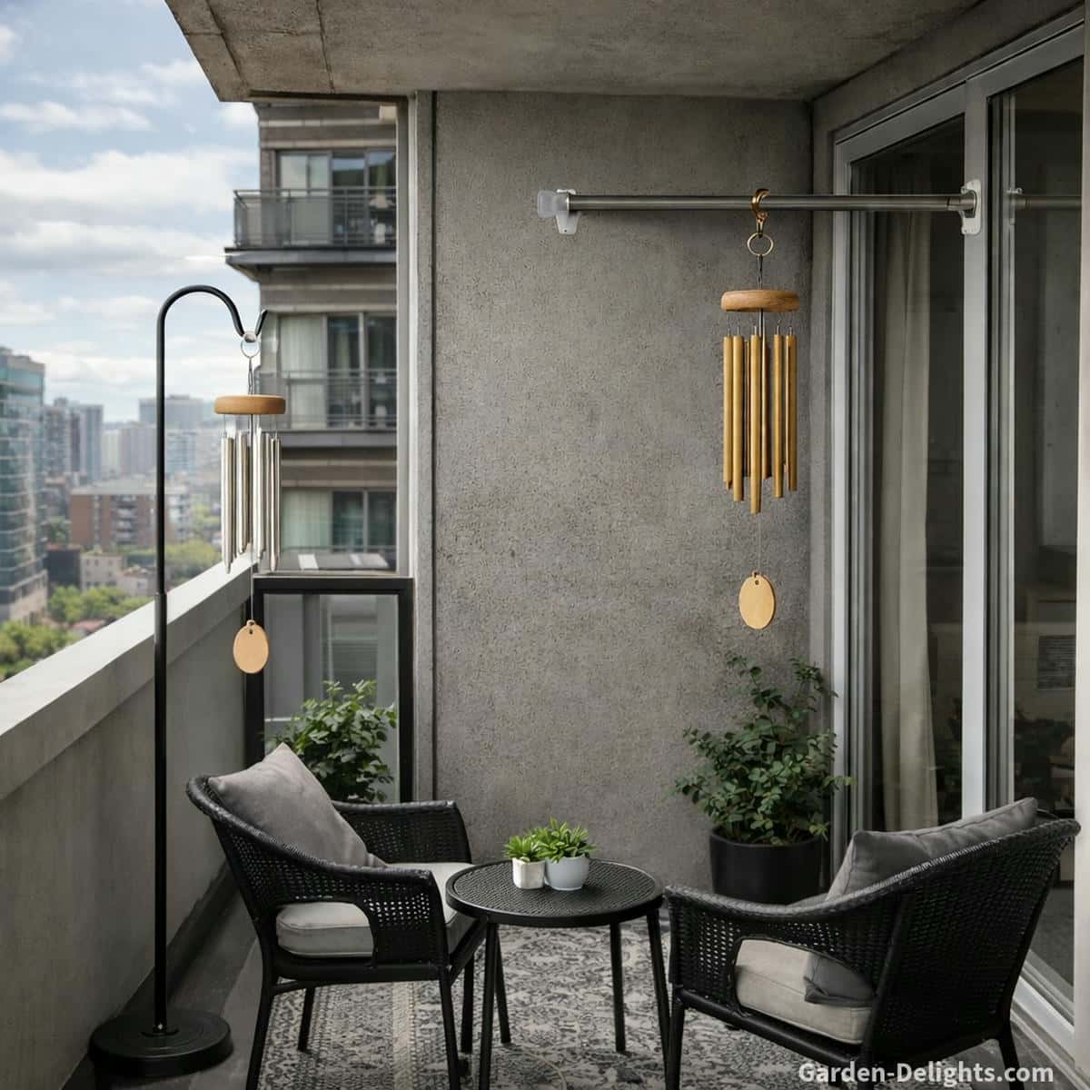 lightweight aluminum wind chime on shepherd hook and bamboo wind chime hanging from tension rod on modern apartment balcony showing renter safe no drill mounting methods
