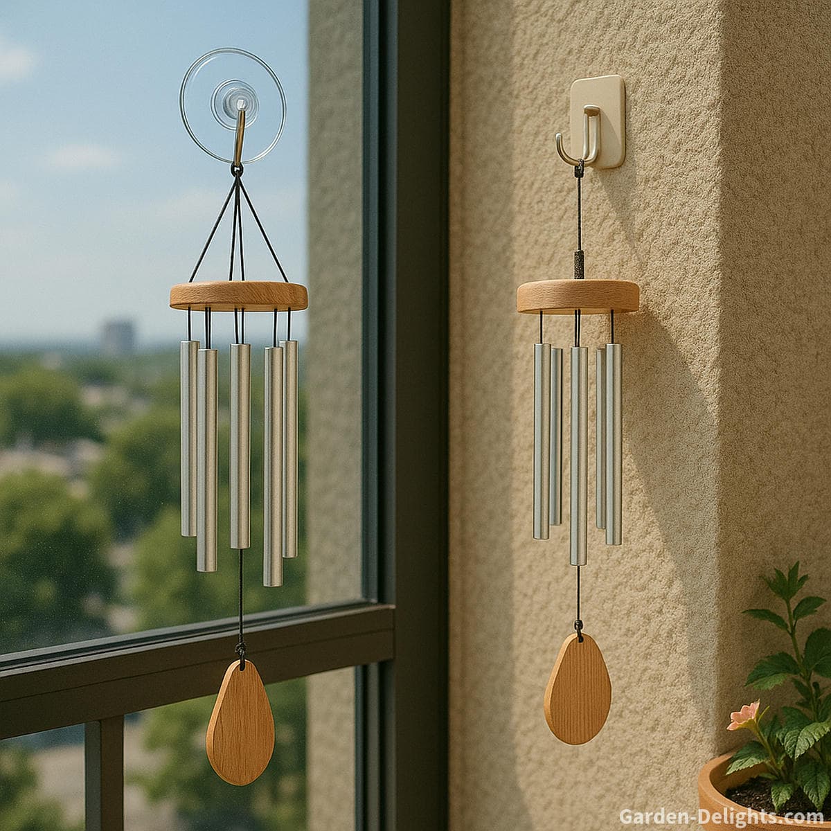 lightweight no drill wind chimes hanging from suction hook on balcony with soft airflow and gentle tone