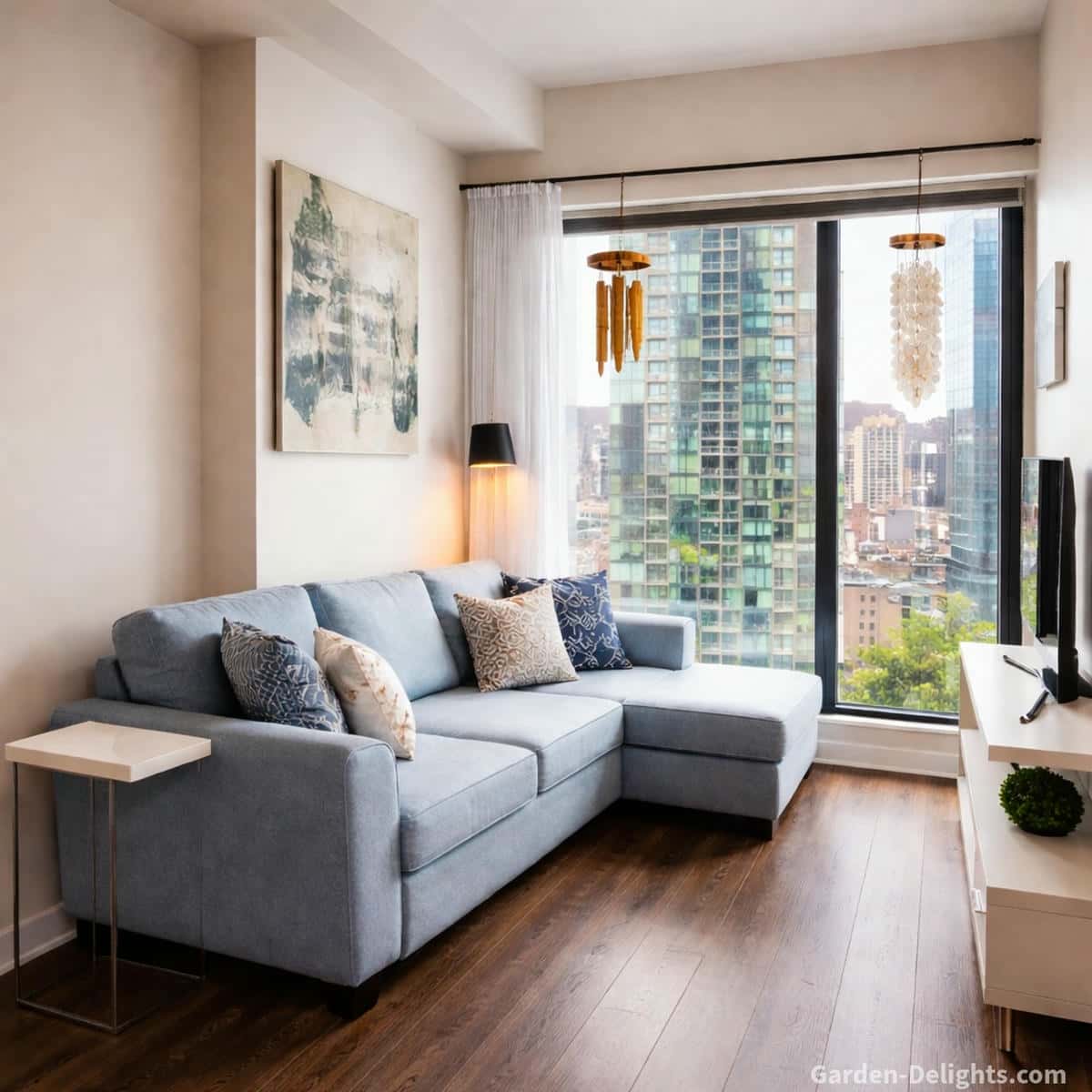 small lightweight bamboo wind chime and capiz shell wind chime hanging from a tension rod near a bright apartment window above a light blue sofa creating peaceful airflow sound with renter friendly no drill mounting