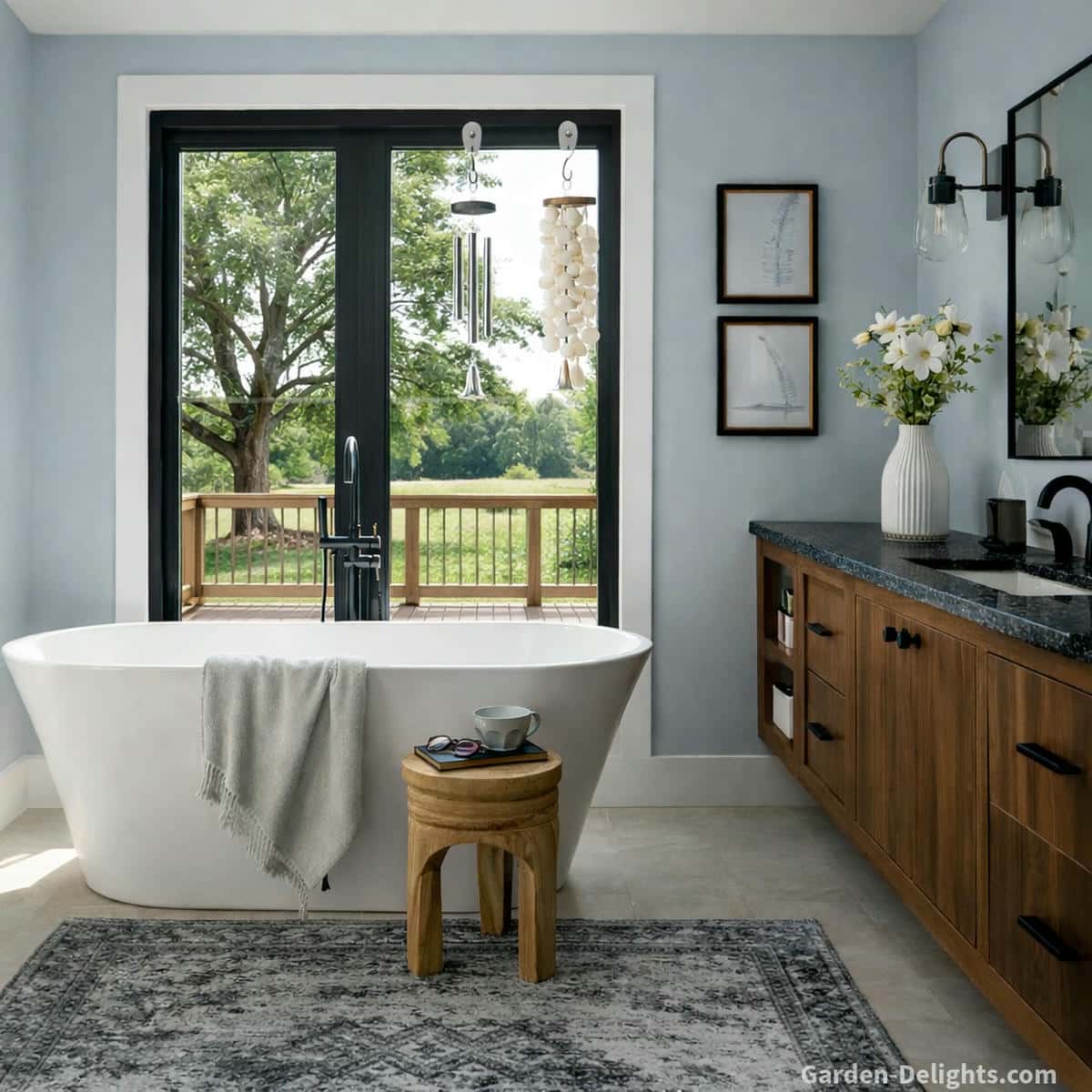 small capiz shell and aluminum wind chimes hanging from suction hooks beside a bright bathroom window above a freestanding tub creating gentle airflow sound in a spa style bathroom with light blue walls walnut cabinets black granite countertop and calming decor
