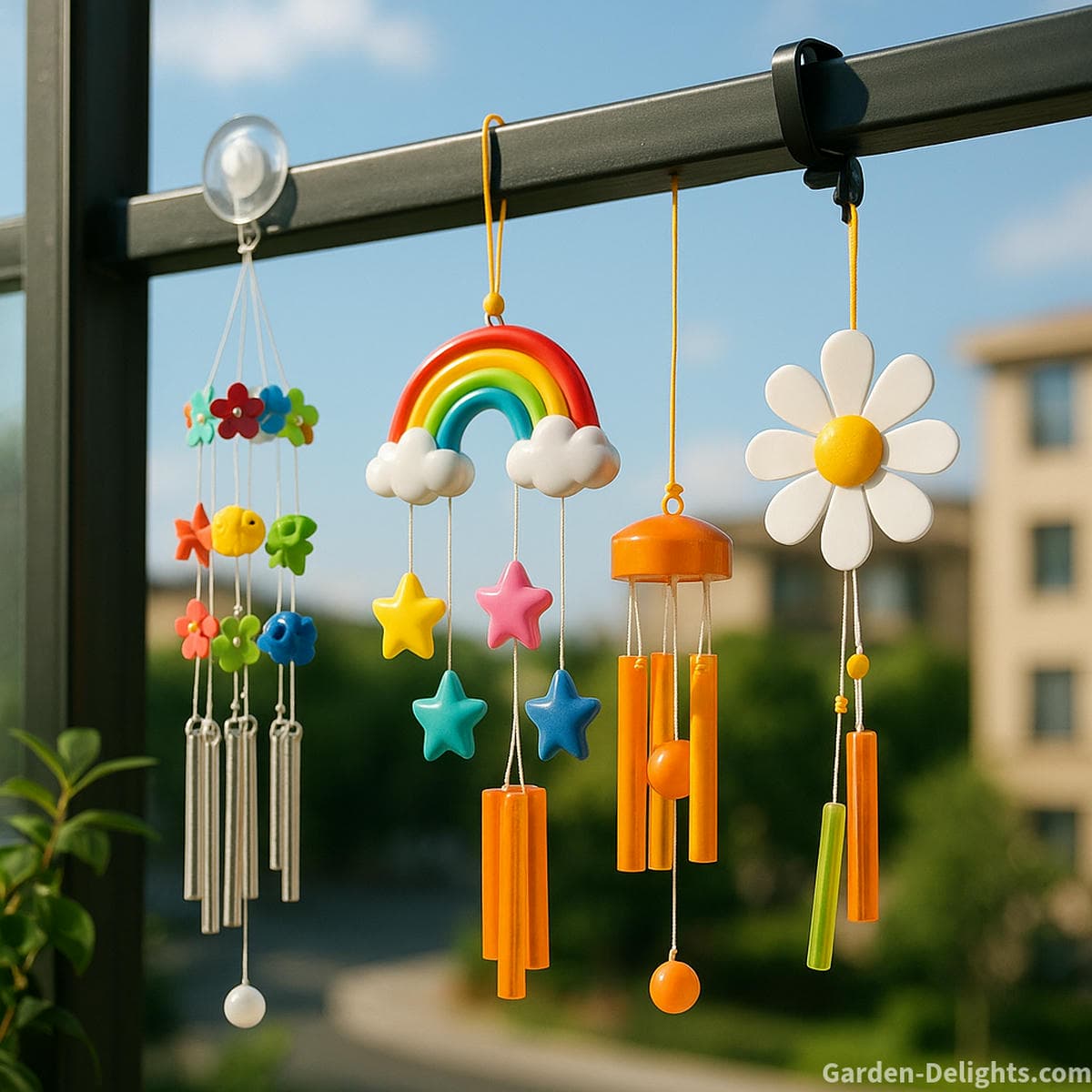 colorful lightweight novelty wind chimes clipped to a sunny apartment balcony railing creating playful movement and gentle sound for renters small patios and cheerful outdoor decor