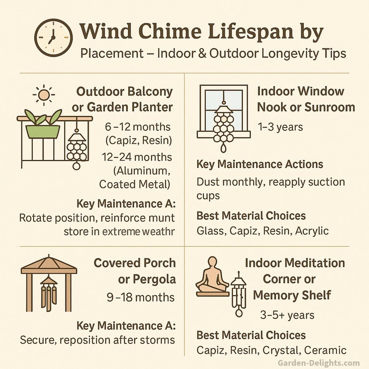 infographic showing wind chime lifespan by placement including balcony indoor window covered porch and meditation shelf with care tips best materials and durability insights for lightweight no drill wind chimes indoors and outdoors
