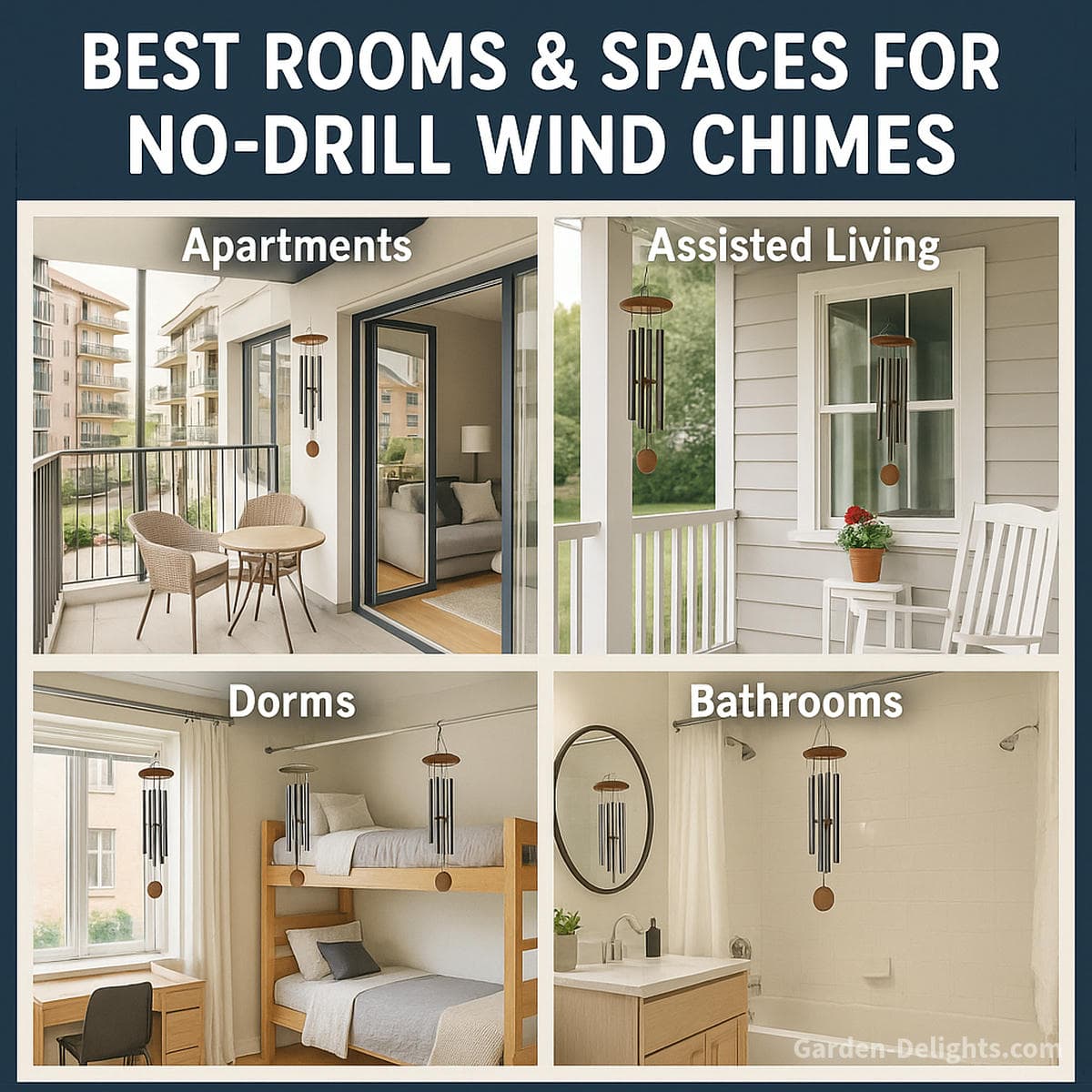 Lightweight no drill wind chimes hanging in small spaces including apartment balconies dorm rooms bathroom windows and RV patios using suction hooks tension rods and removable adhesive mounts for renter friendly installation