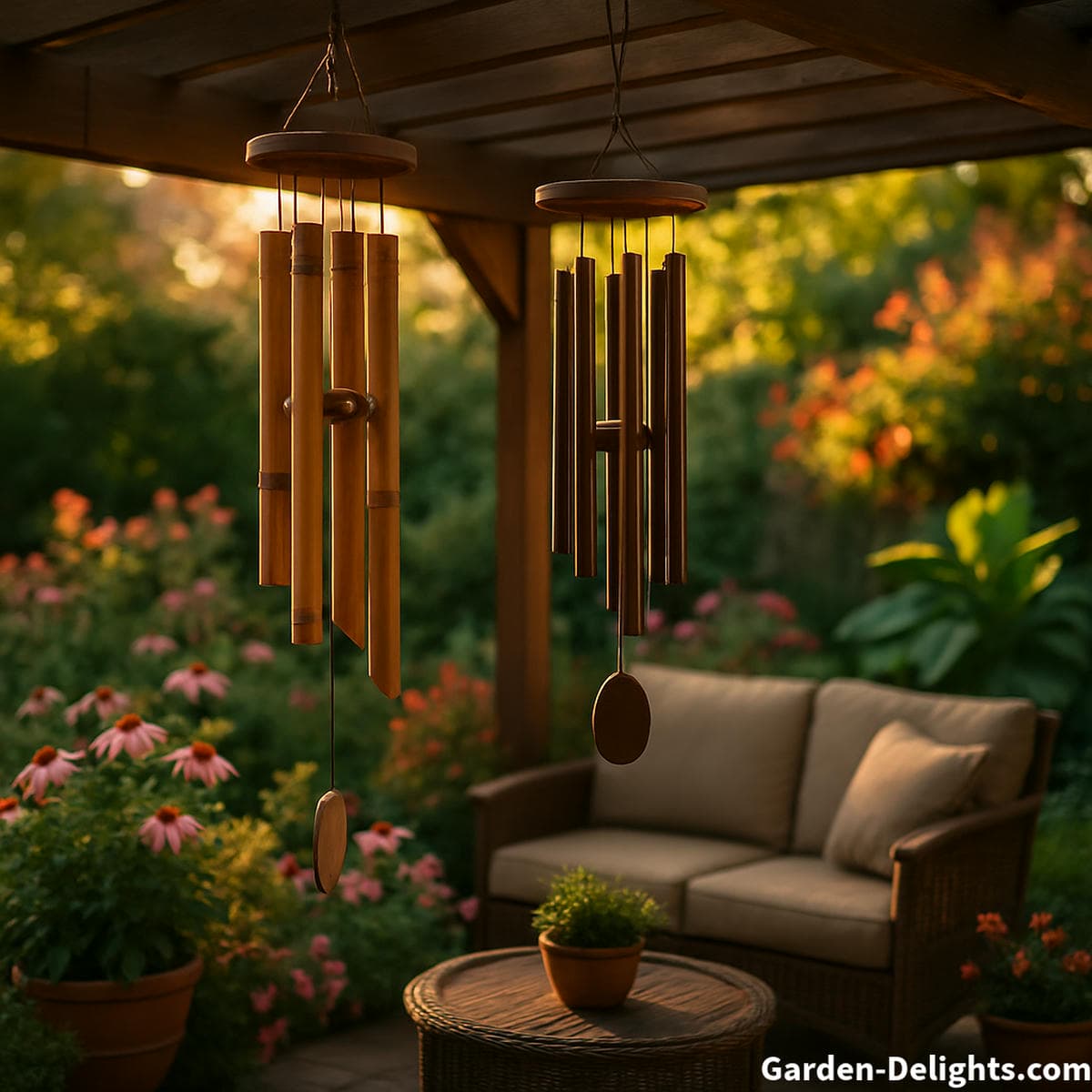 metal and bamboo wind chimes on pergola with steady airflow creating deep tone outdoor sound