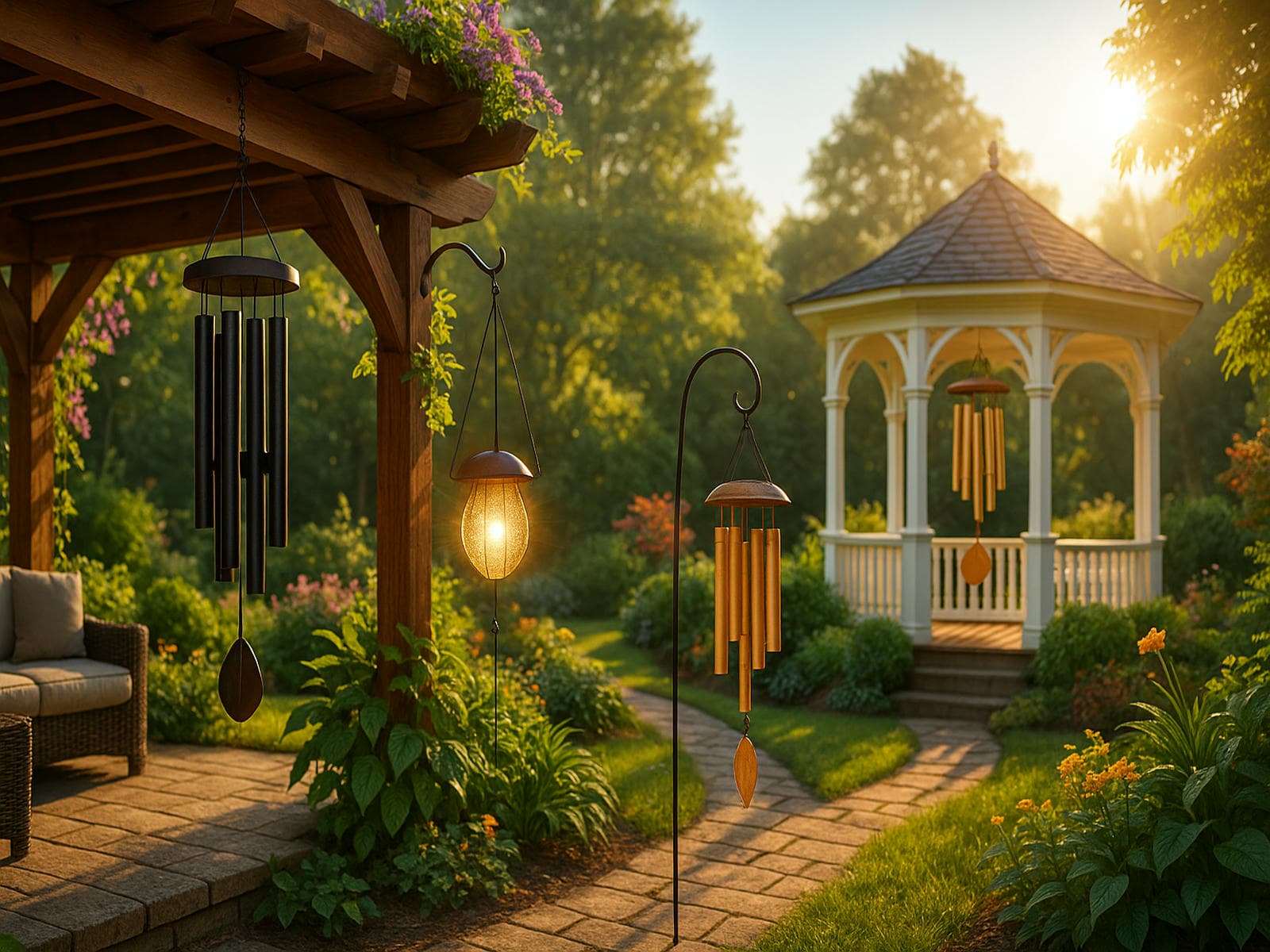 Best patio wind chimes for pergolas and gazebos   bamboo and aluminum chimes hanging in a peaceful garden with sunrise lighting, ideal for outdoor soundscapes, Feng Shui, and backyard ambiance.