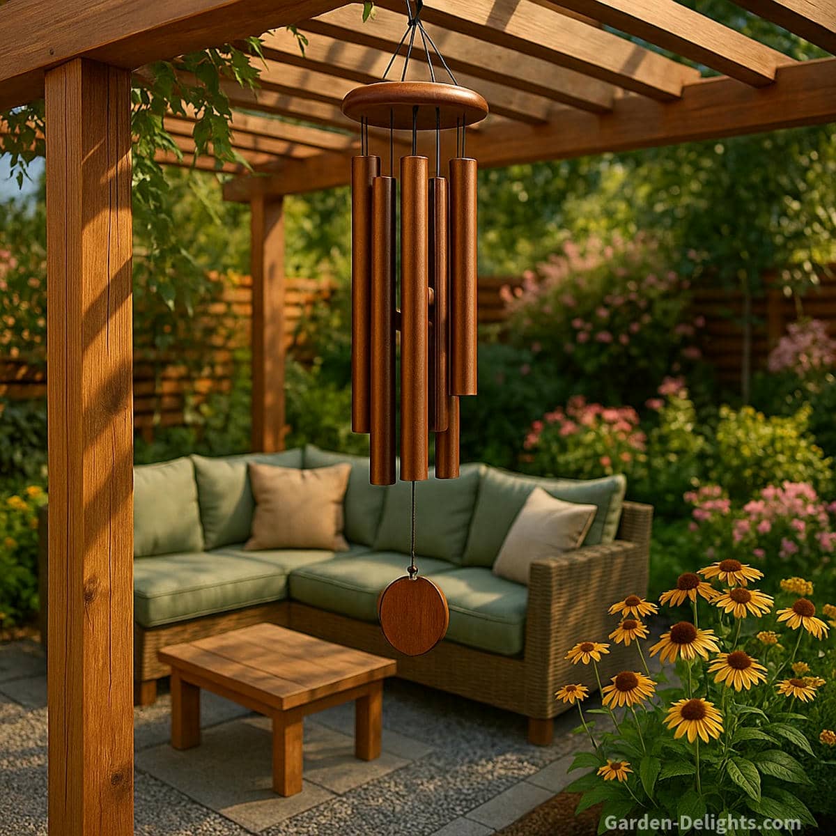 Bronze wind chime hanging from the beam of a wooden pergola above a seafoam-green outdoor sectional, surrounded by bright summer flowers and warm daylight for acoustic clarity, durability, and peaceful patio ambiance