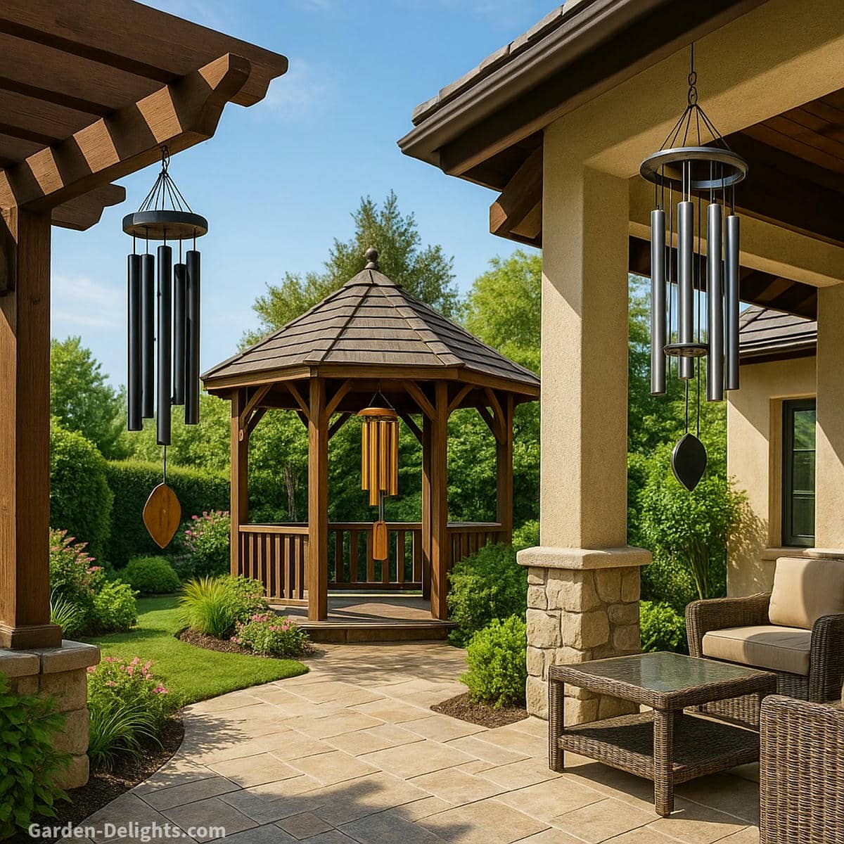 Feng Shui backyard wind chimes placed along patio, pergola, and gazebo areas to guide Chi flow, balance Bagua directions, and enhance garden harmony with metal, bamboo, and ceramic elements