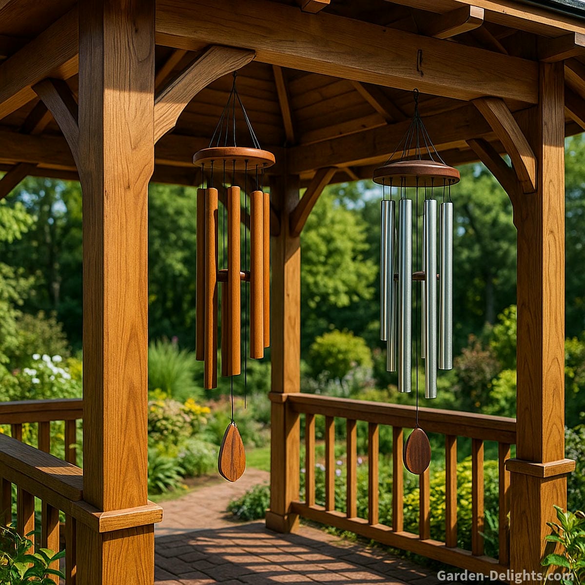 Gazebo Feng Shui wind chimes hanging from open-air beams with wood and metal elements guiding Chi, enhancing outdoor harmony, and activating garden energy pathways