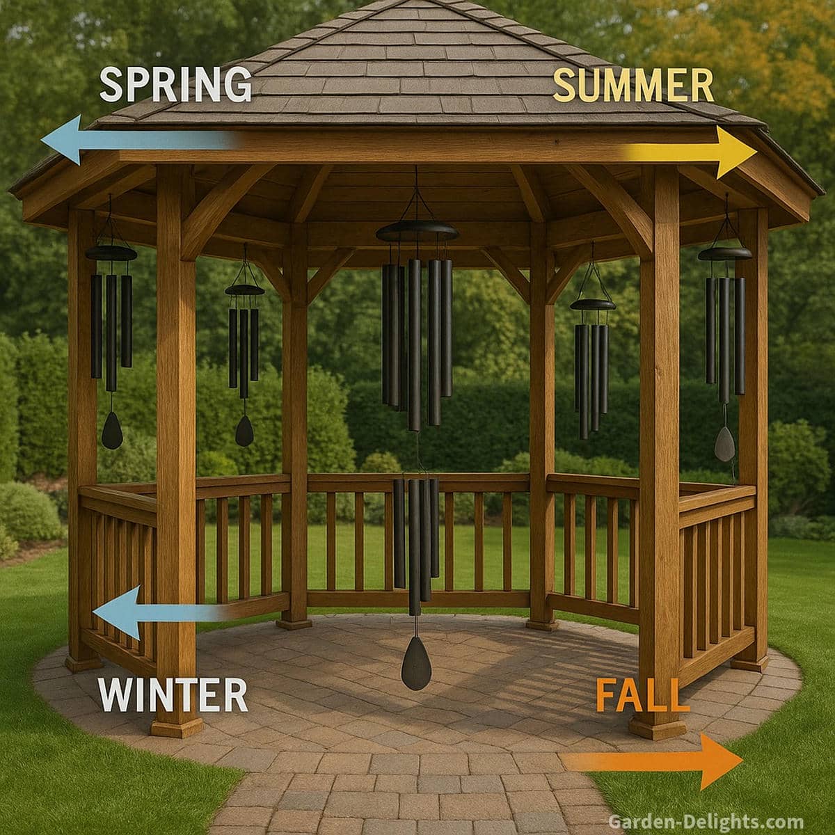 Gazebo with wind chimes positioned differently for spring, summer, fall, and winter showing seasonal tuning zones, airflow direction, and sound clarity in a landscaped backyard